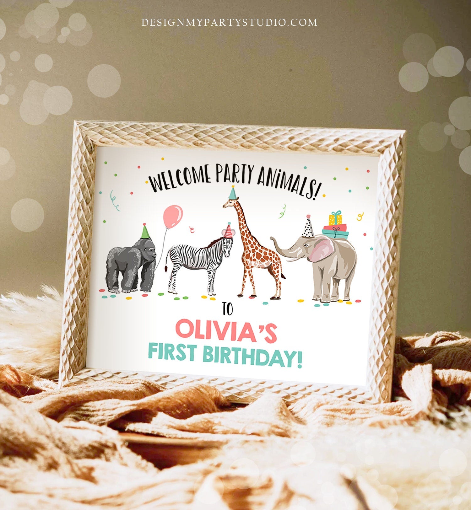 Editable Party Animals Welcome Sign Party Animal Sign Zoo Safari Welcome Jungle Sign Birthday Animals Girl Template PRINTABLE Corjl 0142