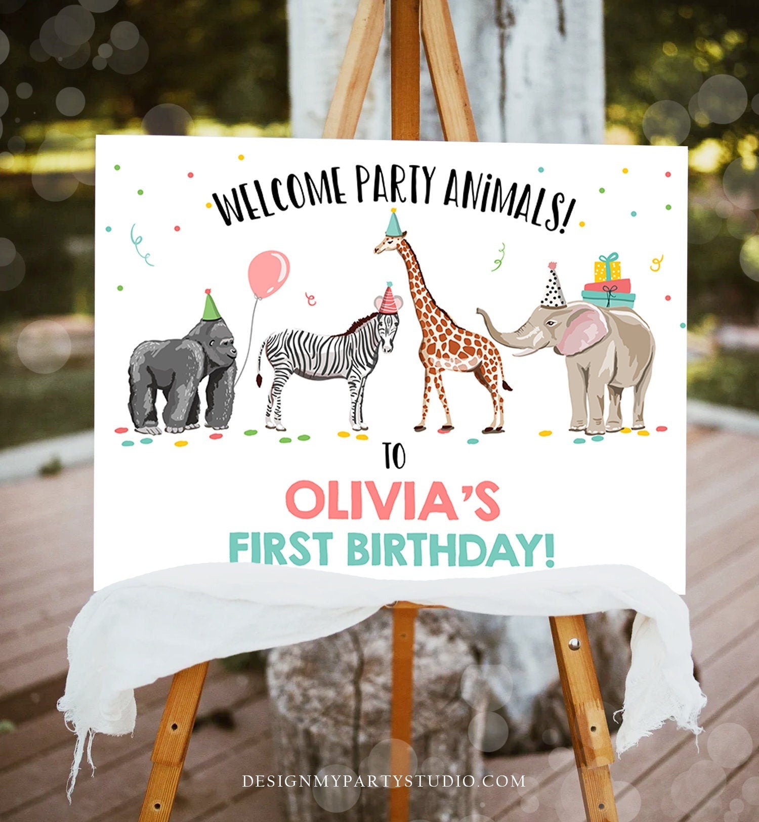 Editable Party Animals Welcome Sign Party Animal Sign Zoo Safari Welcome Jungle Sign Birthday Animals Girl Template PRINTABLE Corjl 0142