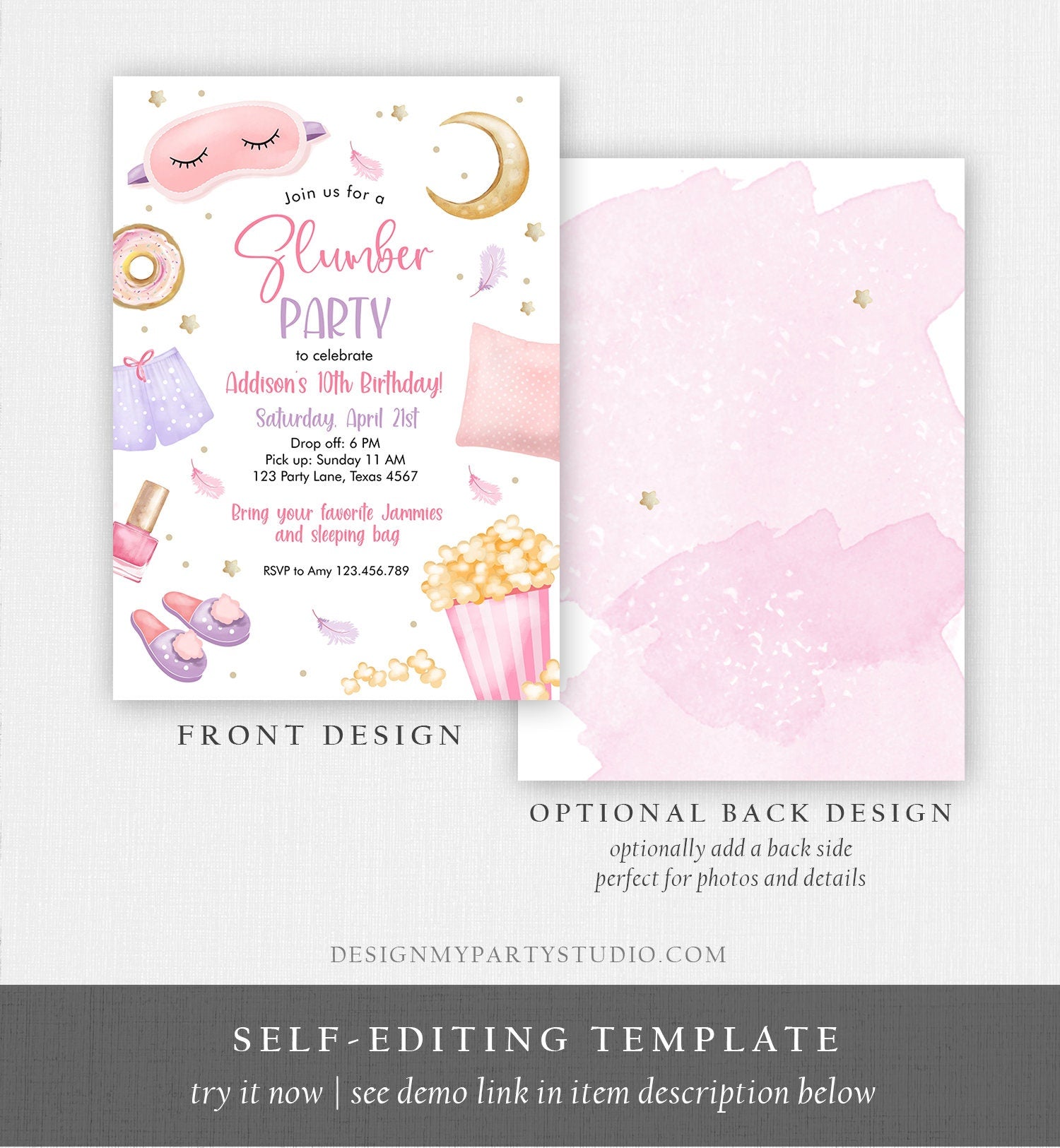 Editable Slumber Party Birthday Invitation Sleepover Birthday Invite Pink Girl Spa Tween Teen Digital Download Printable Template Corjl 0447