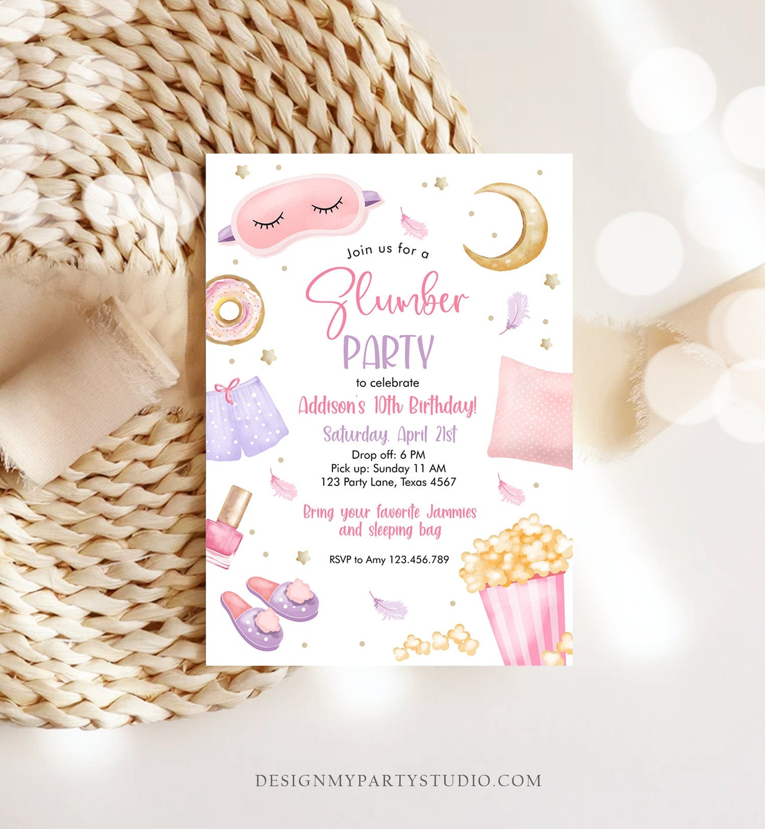 Editable Slumber Party Birthday Invitation Sleepover Birthday Invite Pink Girl Spa Tween Teen Digital Download Printable Template Corjl 0447