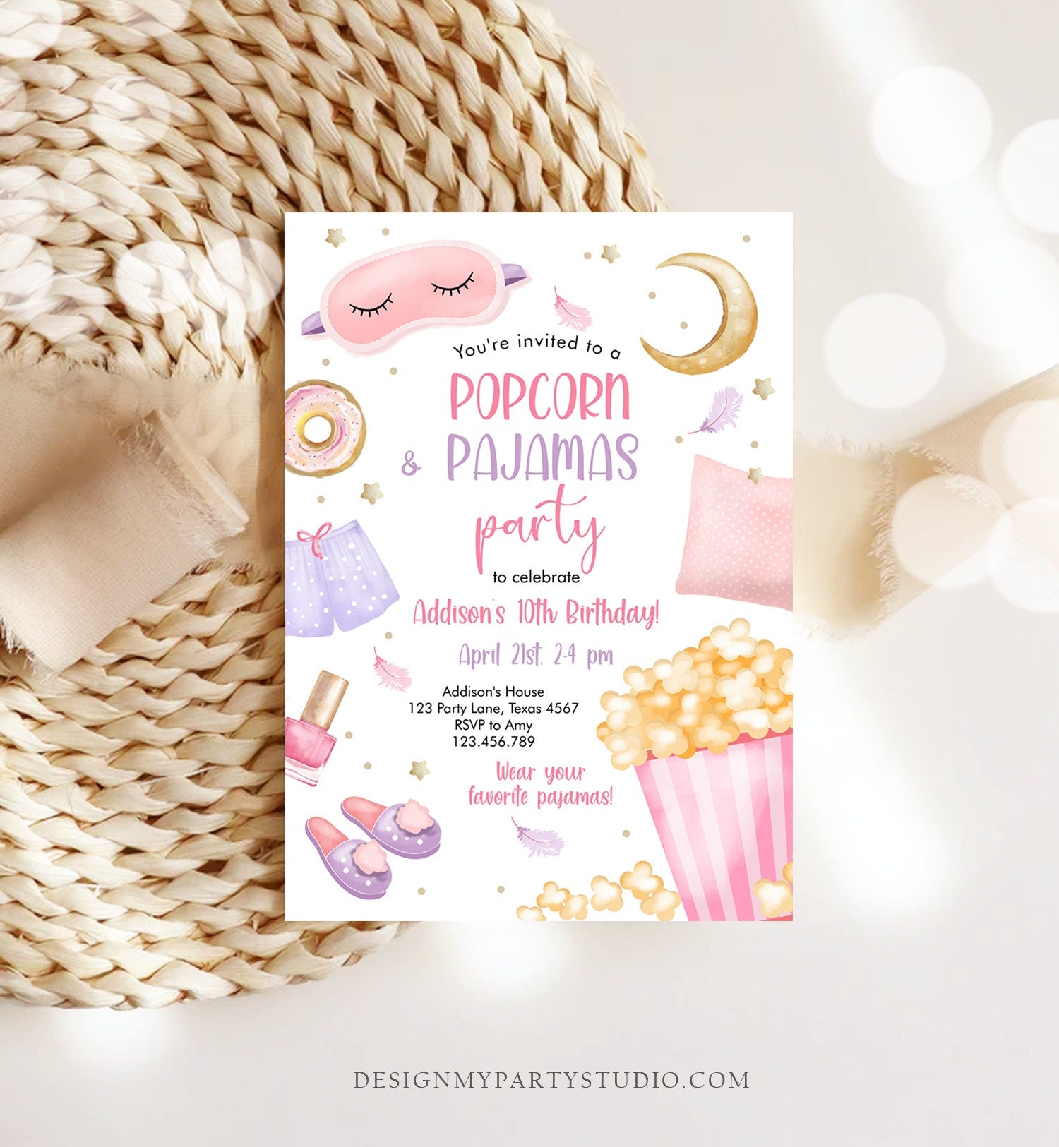 Editable Popcorn and Pajamas Birthday Invitation Movie Night Party Girl Pink Teen Tween Slumber Party Digital Corjl Template Printable 0447