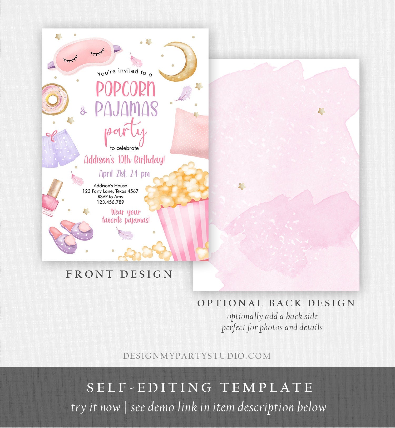 Editable Popcorn and Pajamas Birthday Invitation Movie Night Party Girl Pink Teen Tween Slumber Party Digital Corjl Template Printable 0447