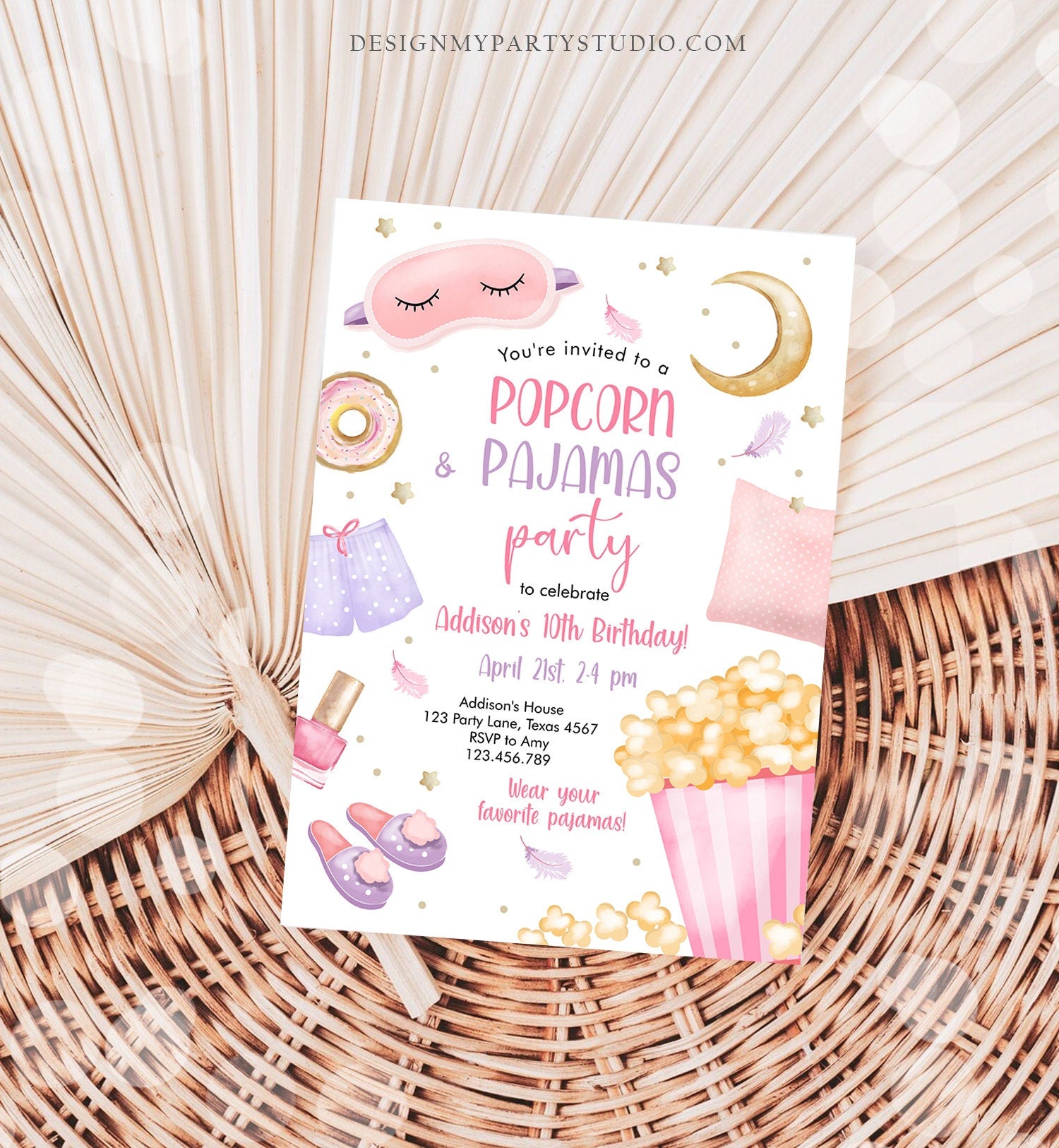 Editable Popcorn and Pajamas Birthday Invitation Movie Night Party Girl Pink Teen Tween Slumber Party Digital Corjl Template Printable 0447