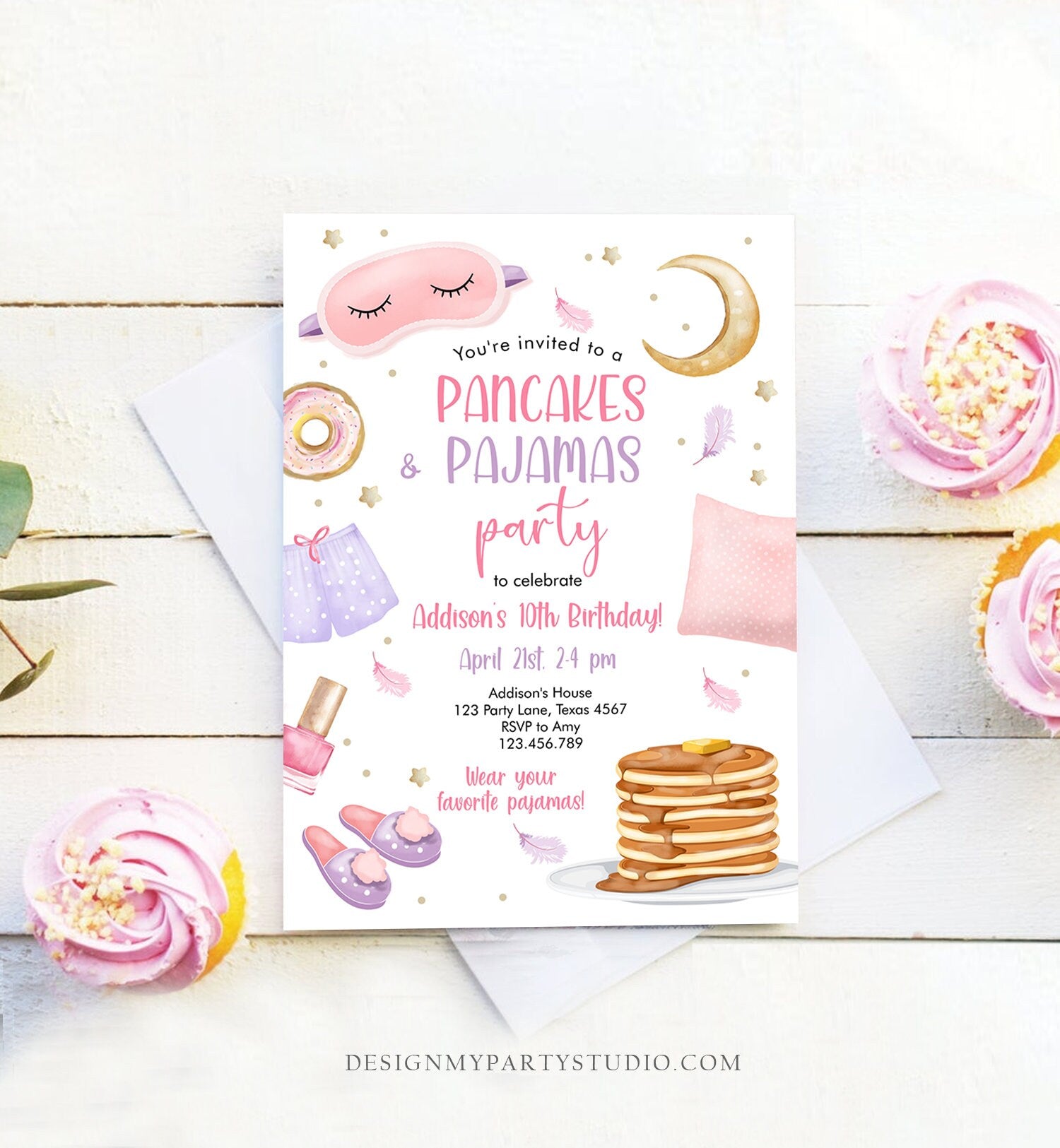 Editable Pancakes and Pajamas Birthday Invitation Movie Night Party Girl Pink Teen Tween Slumber Party Digital Corjl Template Printable 0447