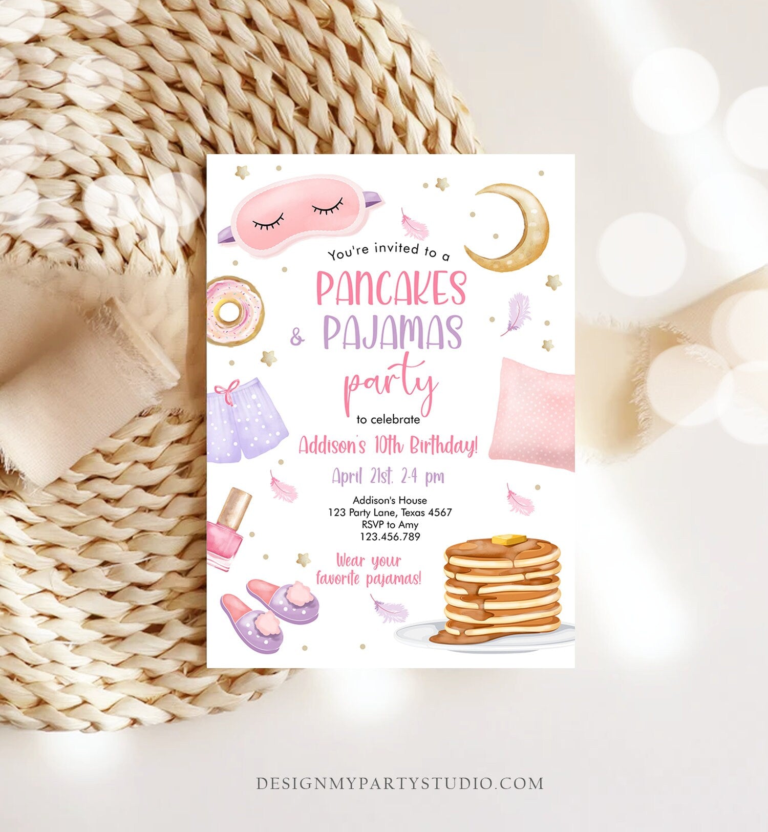 Editable Pancakes and Pajamas Birthday Invitation Movie Night Party Girl Pink Teen Tween Slumber Party Digital Corjl Template Printable 0447