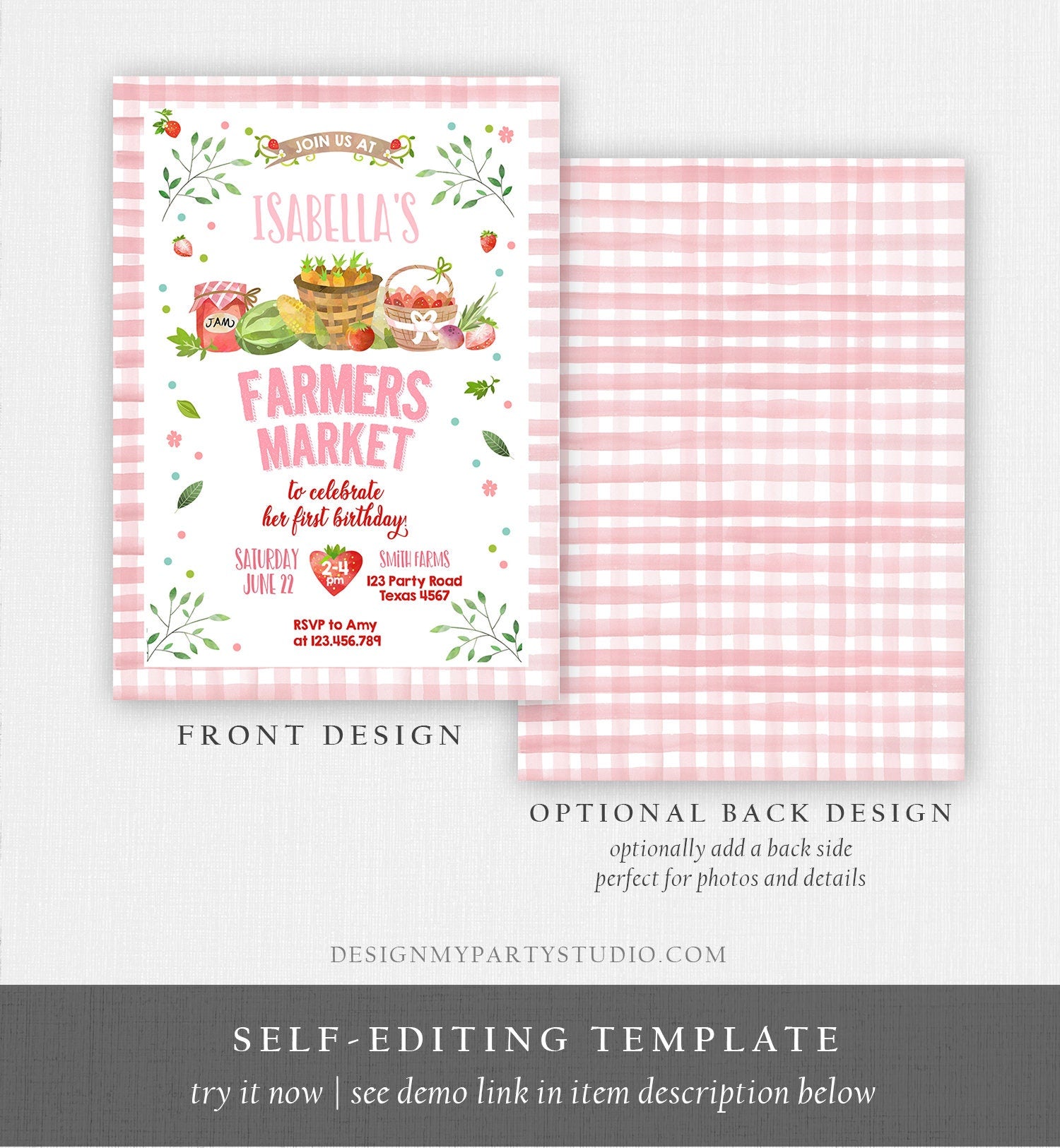 Editable Farmers Market Birthday Invitation Pink Strawberry Home Grown Veggies Farm Market Download Printable Invite Template Corjl 0144