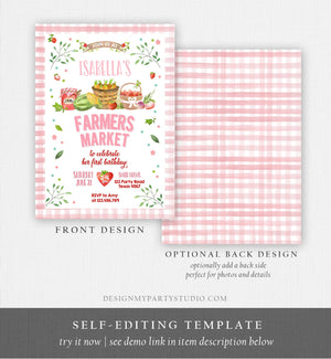 Editable Farmers Market Birthday Invitation Pink Strawberry Home Grown Veggies Farm Market Download Printable Invite Template Corjl 0144