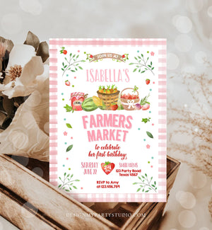 Editable Farmers Market Birthday Invitation Pink Strawberry Home Grown Veggies Farm Market Download Printable Invite Template Corjl 0144