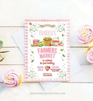 Editable Farmers Market Birthday Invitation Pink Strawberry Home Grown Veggies Farm Market Download Printable Invite Template Corjl 0144