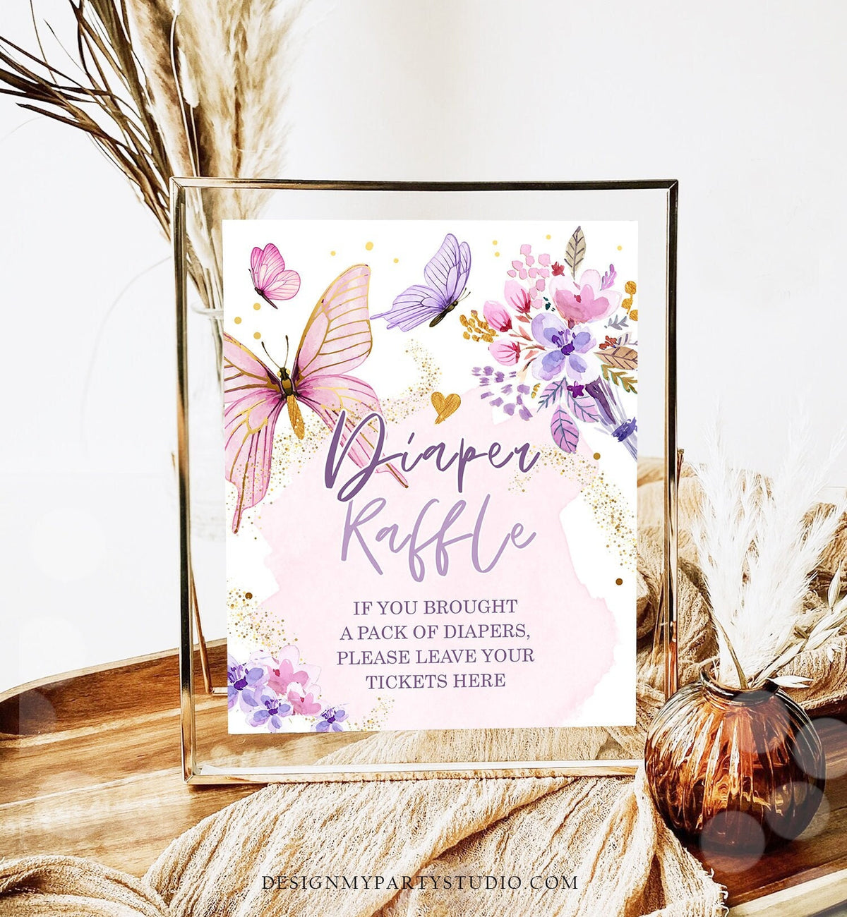 Butterfly Baby Shower Sign Diaper Raffle Sign Table Decor Floral Butterfly Diaper Ticket Table Decor Girl Purple Download Printable 0437