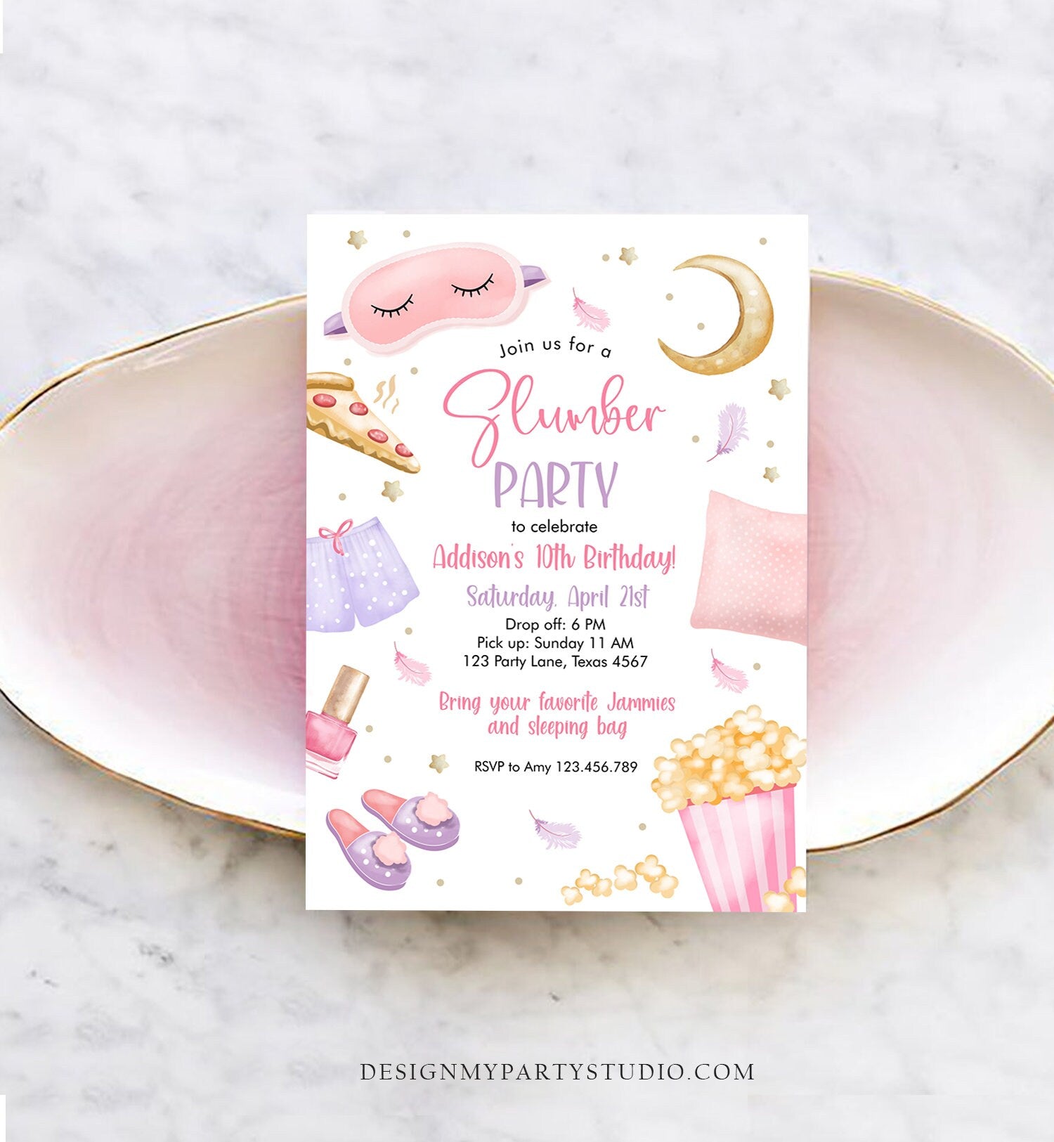 Editable Slumber Party Birthday Invitation Sleepover Birthday Invite Pink Girl Pizza PJ Teen Digital Download Evite Template Printable 0447