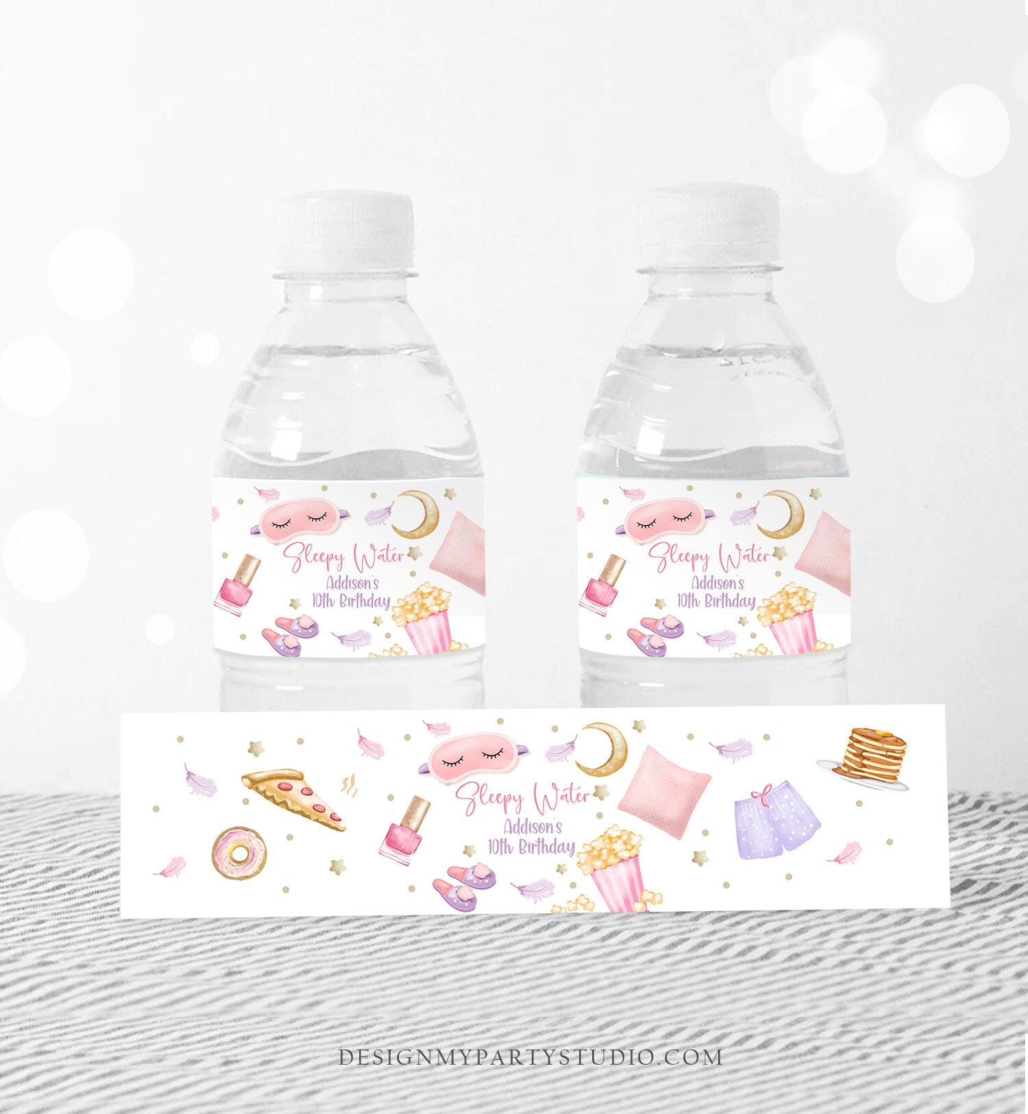 Editable Sleepover Birthday Party Water Bottle Labels Slumber Party Decor Girl Pink Pizza Popcorn Digital Download Template Printable 0447