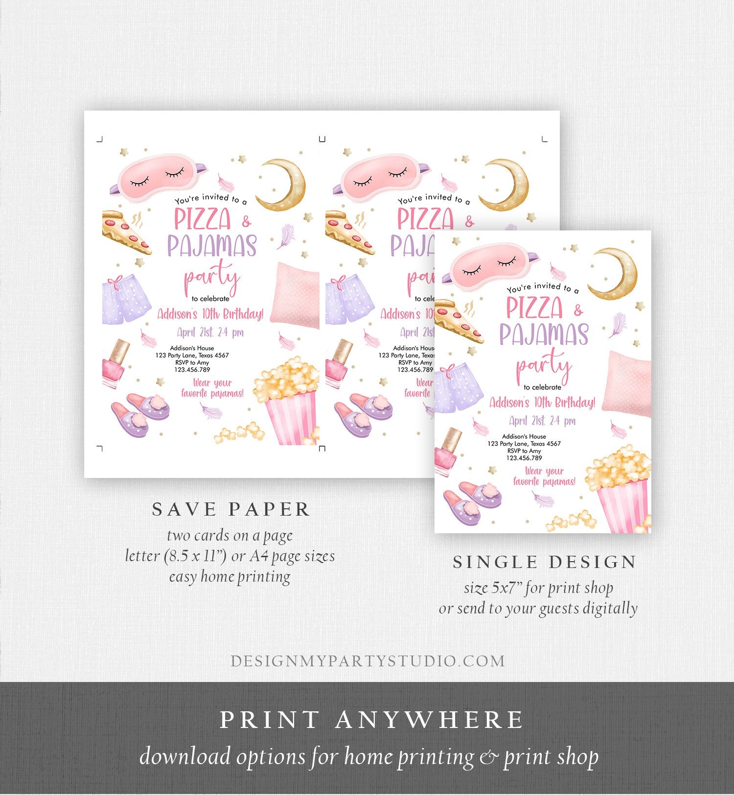 Editable Pizza and Pajamas Birthday Invitation Movie Night Party Girl Pink Teen Tween Slumber Party Digital Corjl Template Printable 0447