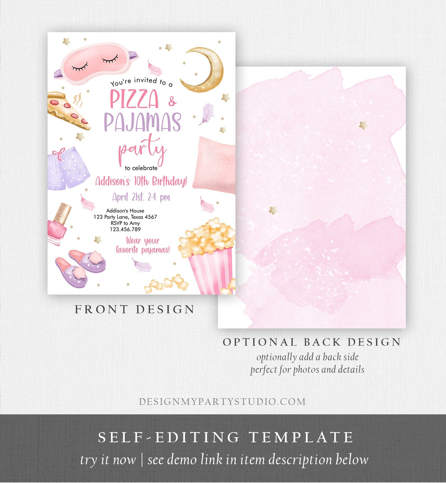 Editable Pizza and Pajamas Birthday Invitation Movie Night Party Girl Pink Teen Tween Slumber Party Digital Corjl Template Printable 0447