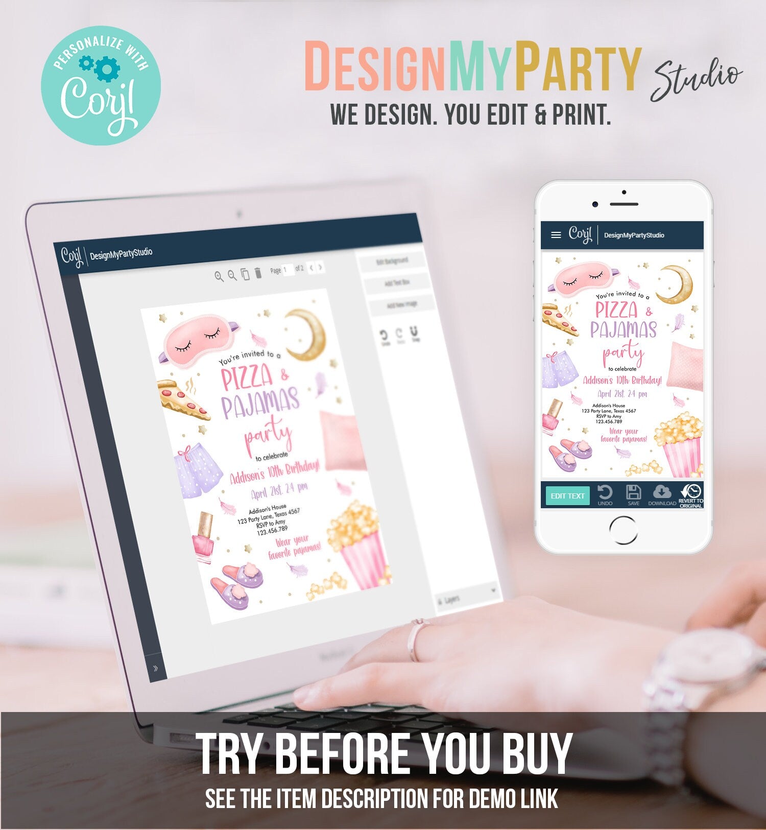 Editable Pizza and Pajamas Birthday Invitation Movie Night Party Girl Pink Teen Tween Slumber Party Digital Corjl Template Printable 0447