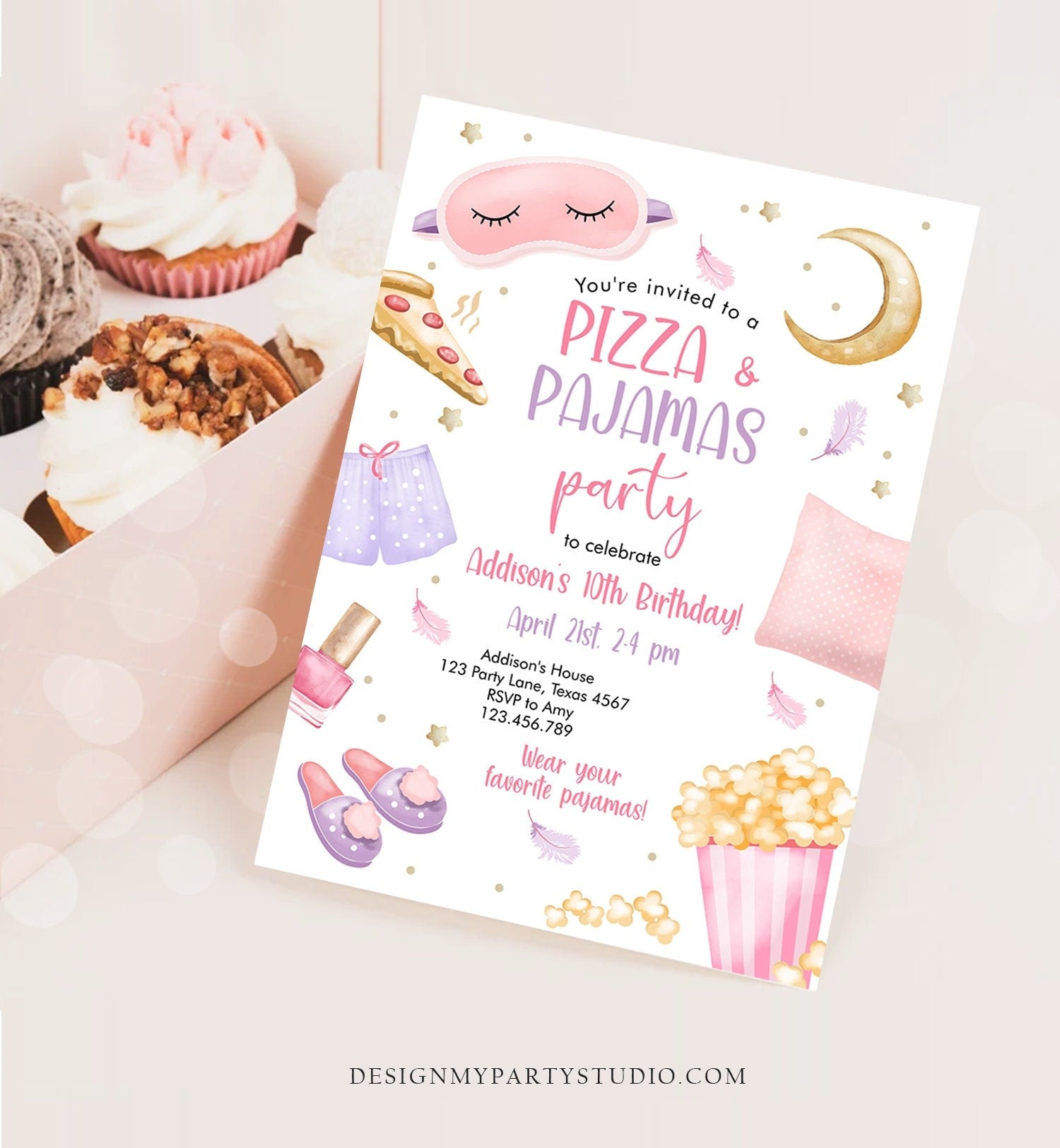 Editable Pizza and Pajamas Birthday Invitation Movie Night Party Girl Pink Teen Tween Slumber Party Digital Corjl Template Printable 0447