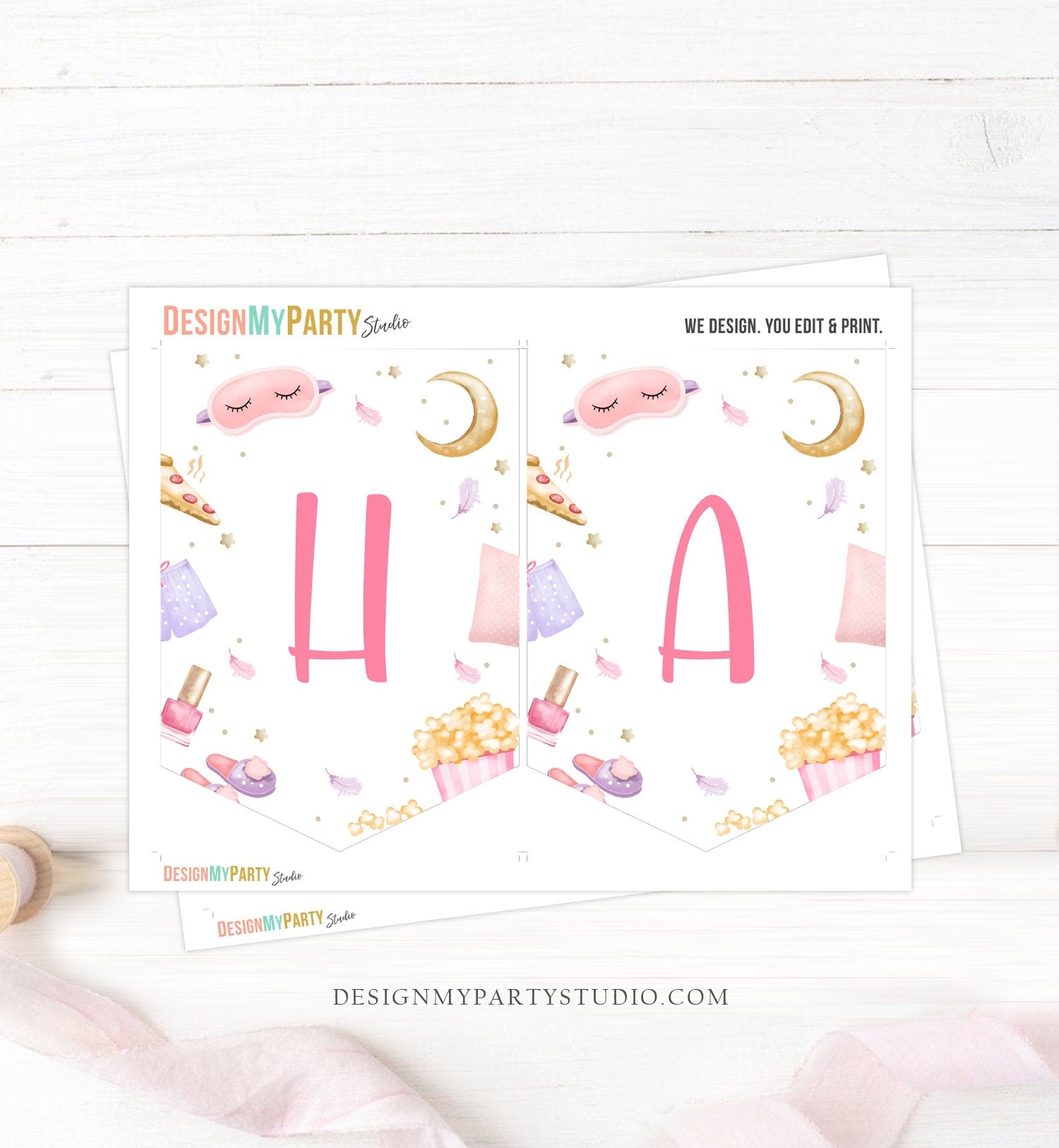 Happy Birthday Banner Sleepover Birthday Party Slumber Party Girl Movie Pizza Popcorn and Pajamas Decor Download PRINTABLE DIGITAL DIY 0447