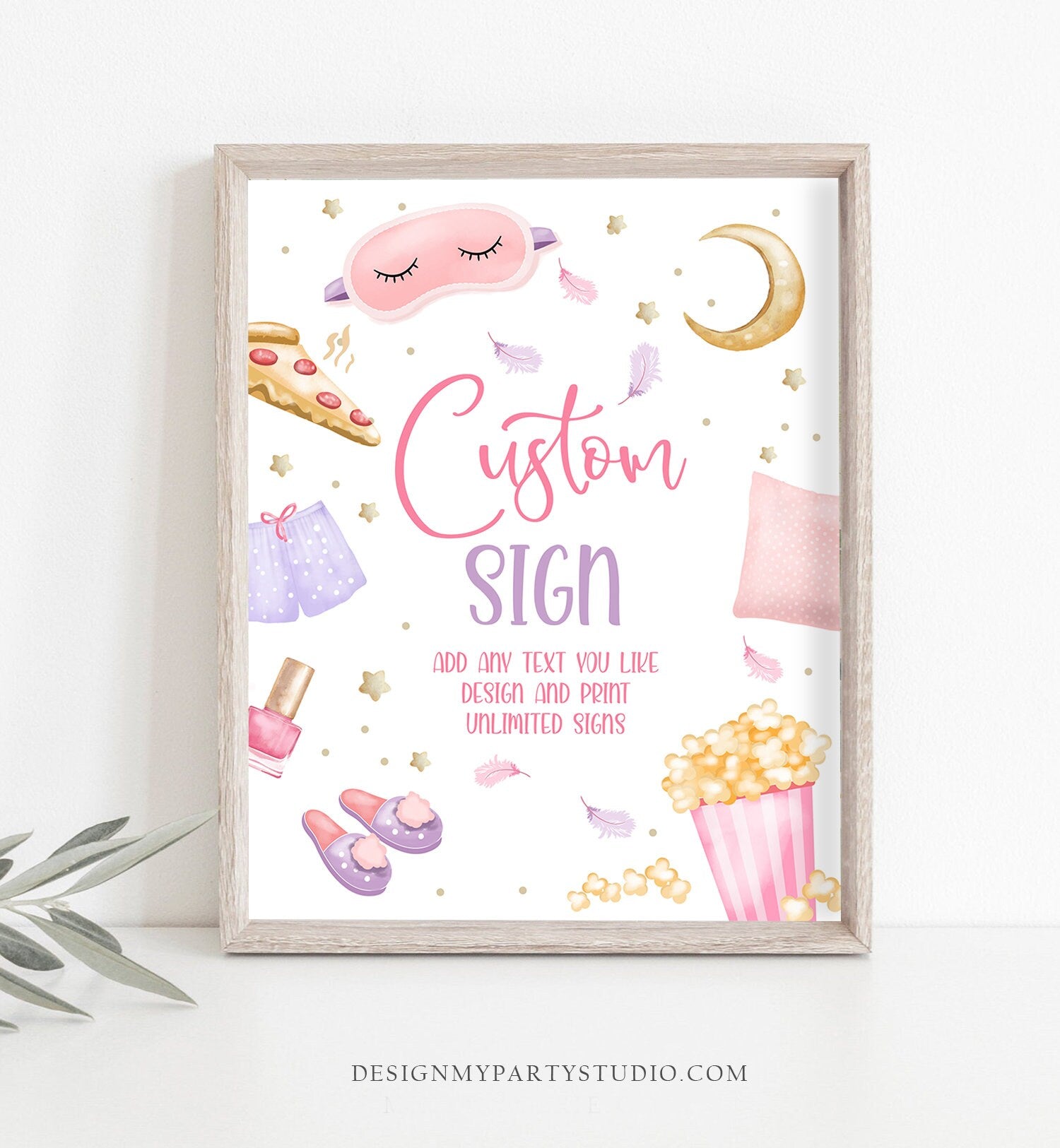 Editable Custom Sign Sleepover Birthday Slumber Party Decor Movie Night Popcorn and Pajama Party Pizza Girl Corjl Template PRINTABLE 0447