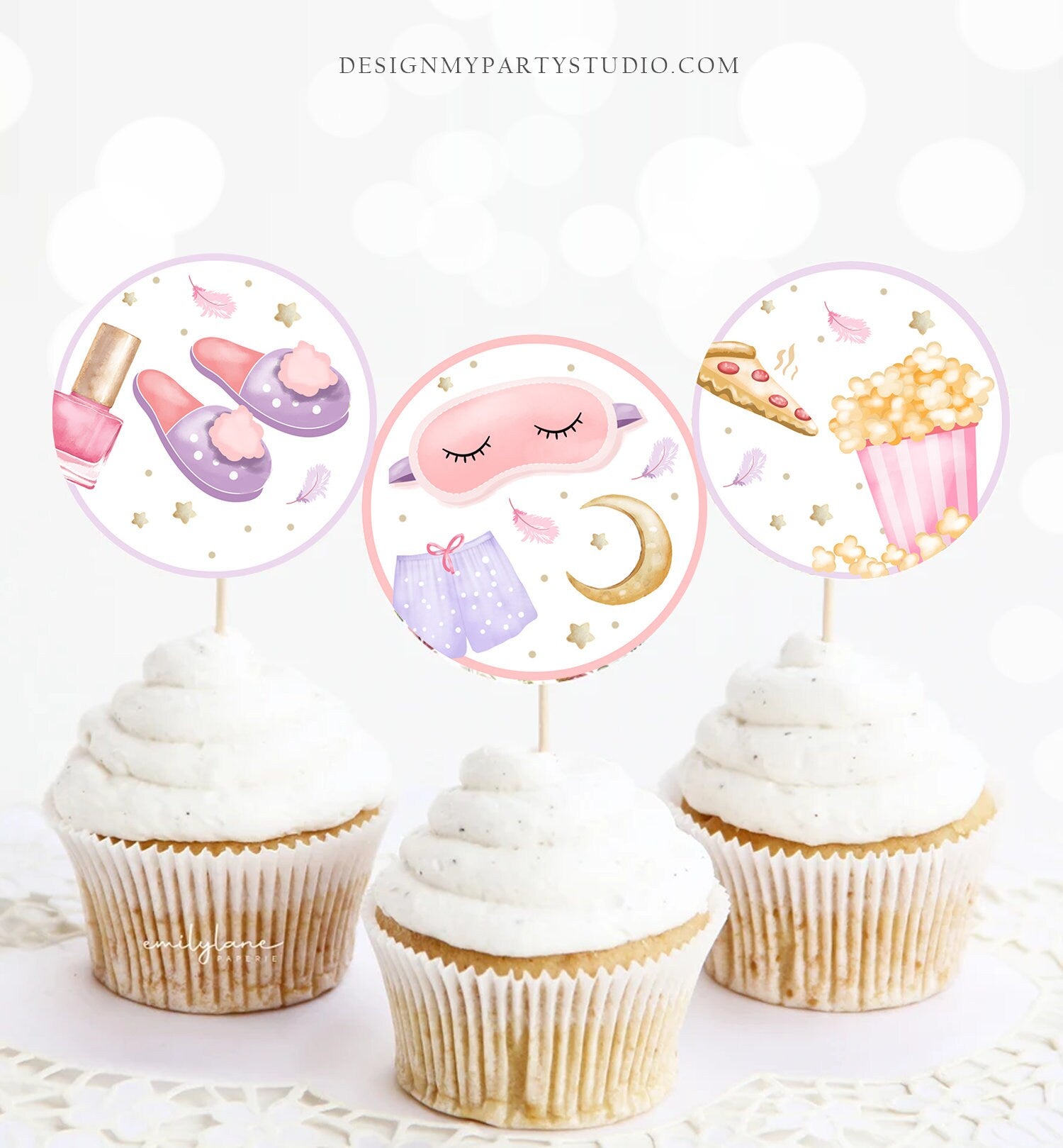 Sleepover Cupcake Toppers Slumber Party Favor Tags Girl Teen Birthday Decoration Pizza and Pajamas Popcorn Download Digital PRINTABLE 0447