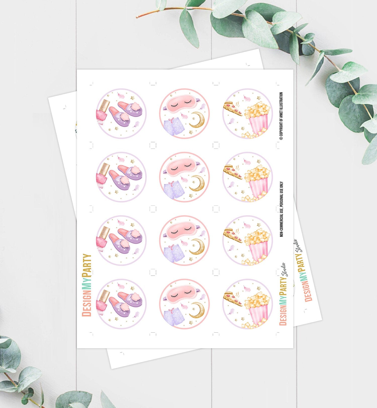 Sleepover Cupcake Toppers Slumber Party Favor Tags Girl Teen Birthday Decoration Pizza and Pajamas Popcorn Download Digital PRINTABLE 0447