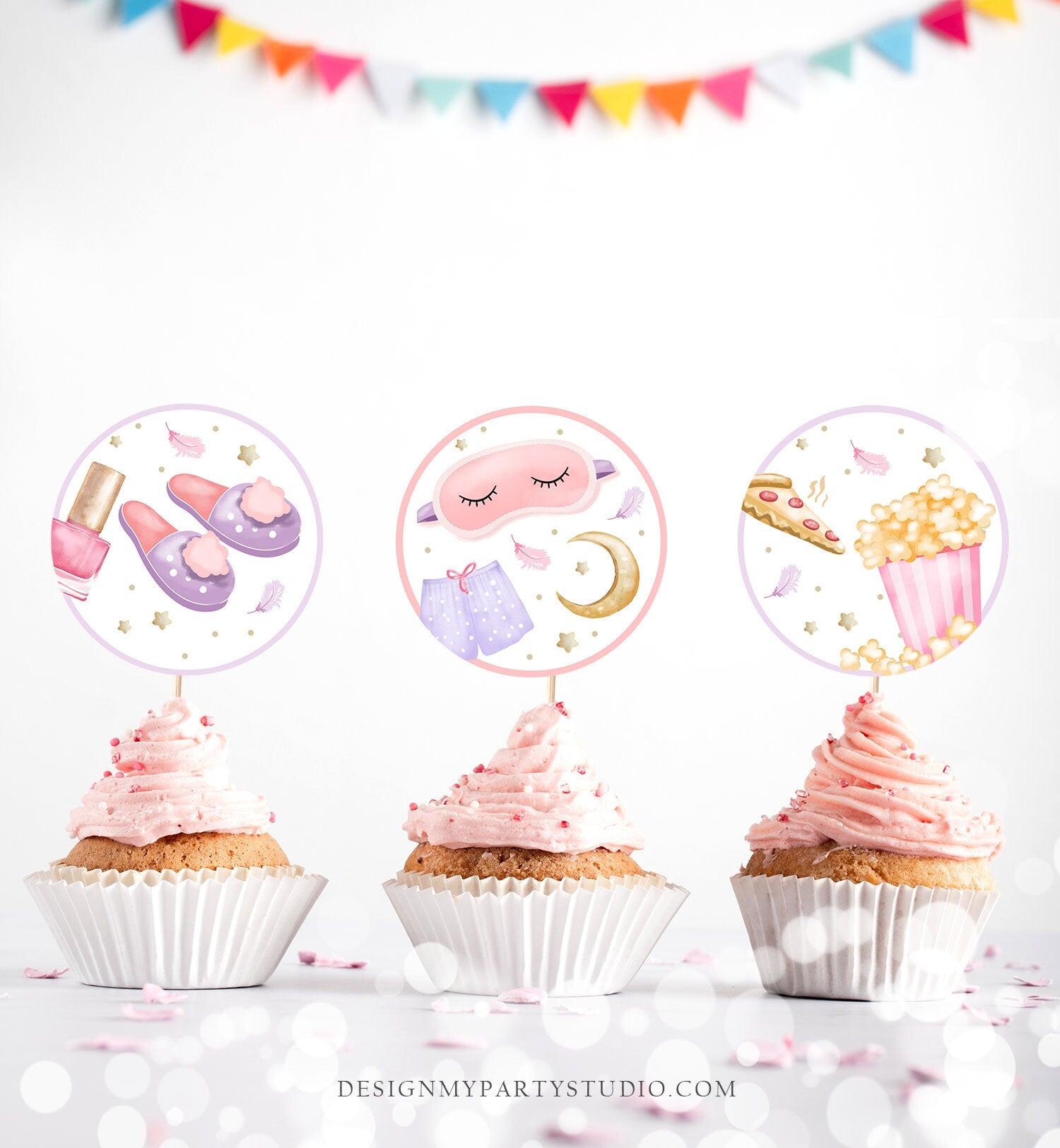 Sleepover Cupcake Toppers Slumber Party Favor Tags Girl Teen Birthday Decoration Pizza and Pajamas Popcorn Download Digital PRINTABLE 0447