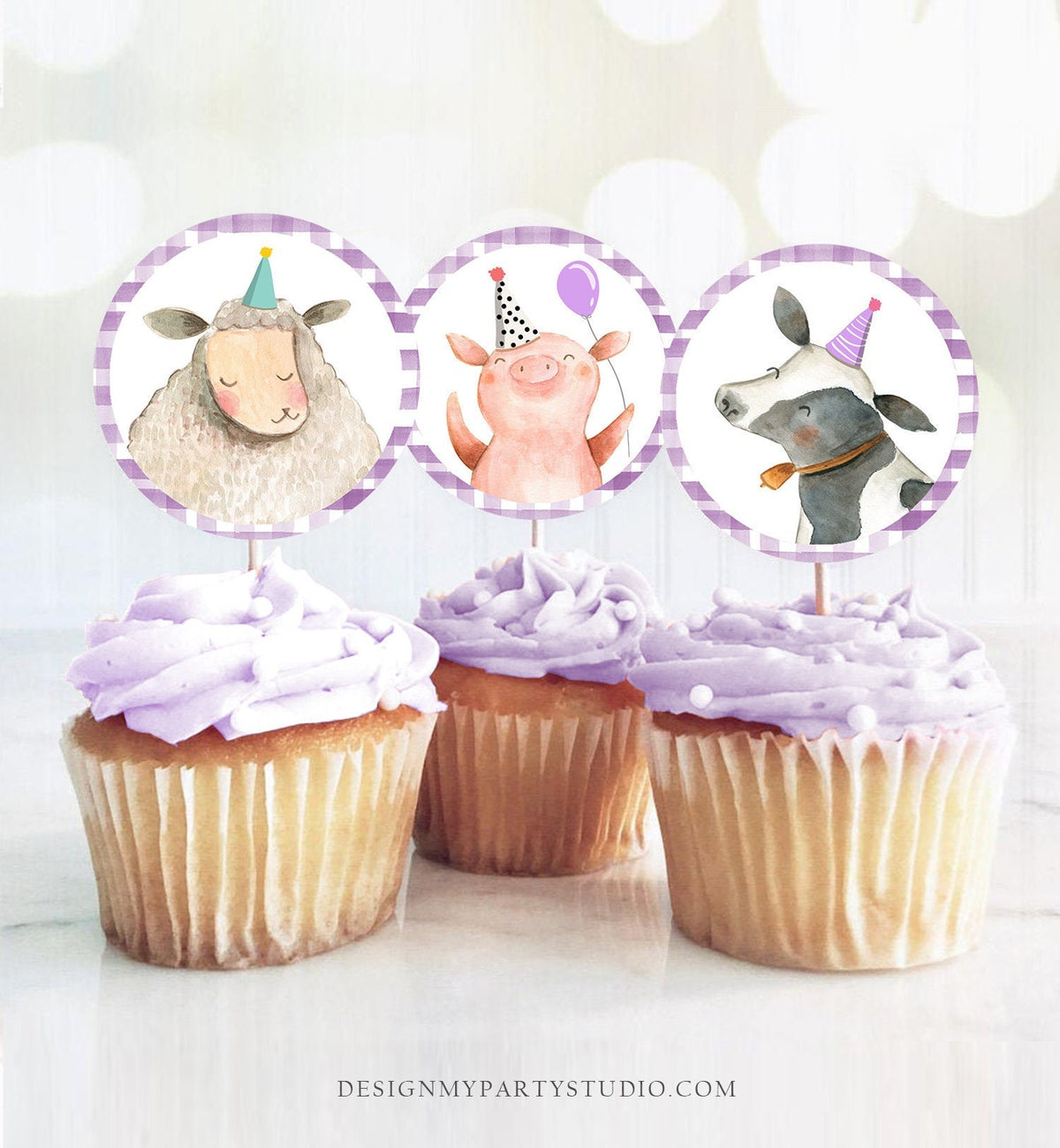 Farm Animals Cupcake Toppers Barnyard Farm Birthday Party Decoration Girl Party Animals Purple Stickers Digital Download PRINTABLE 0155