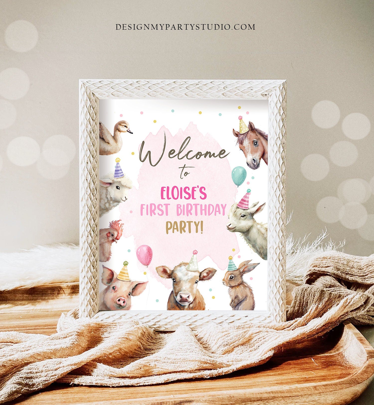 Editable Pink Farm Birthday Welcome Sign Barnyard Birthday Welcome Sign Farm Animals Birthday Welcome Girl Template Corjl PRINTABLE 0448