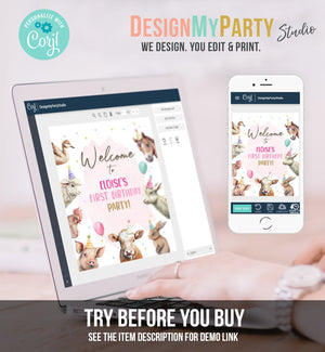 Editable Pink Farm Birthday Welcome Sign Barnyard Birthday Welcome Sign Farm Animals Birthday Welcome Girl Template Corjl PRINTABLE 0448