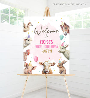 Editable Pink Farm Birthday Welcome Sign Barnyard Birthday Welcome Sign Farm Animals Birthday Welcome Girl Template Corjl PRINTABLE 0448