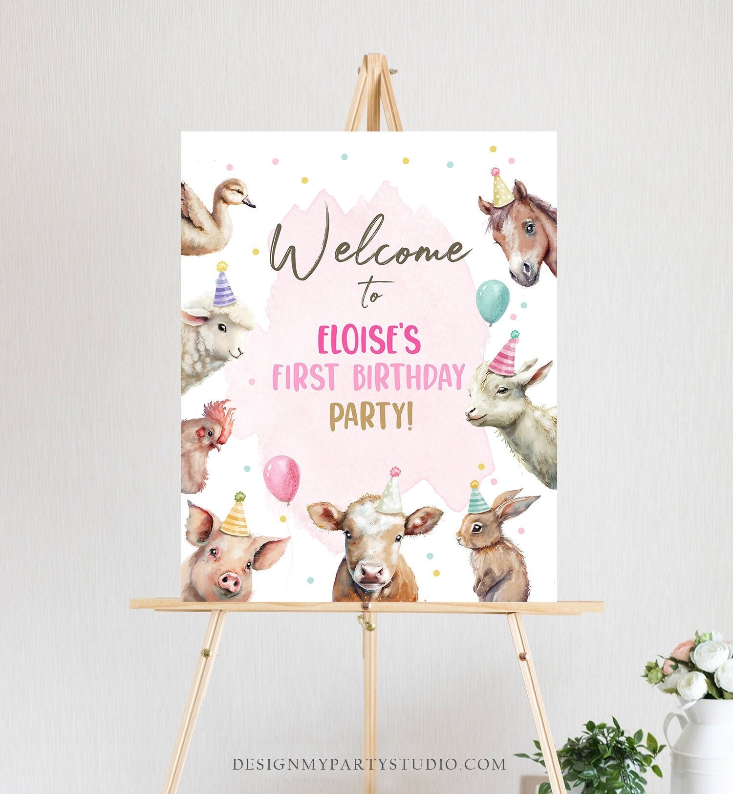 Editable Pink Farm Birthday Welcome Sign Barnyard Birthday Welcome Sign Farm Animals Birthday Welcome Girl Template Corjl PRINTABLE 0448