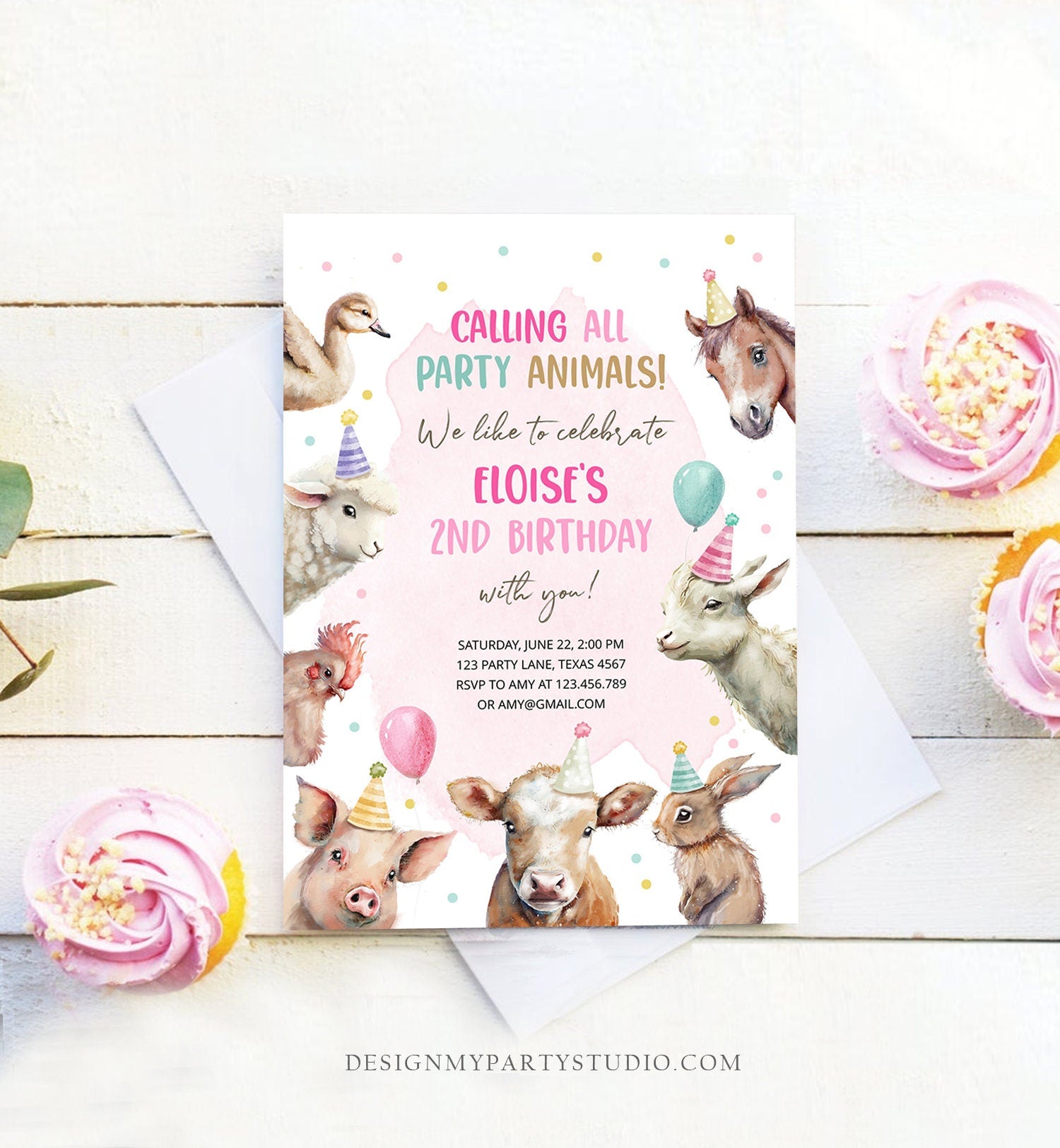 Editable Farm Animals Birthday Invitation Girl Farm Barnyard First Birthday Party Animals Confetti Download Corjl Template Printable 0448