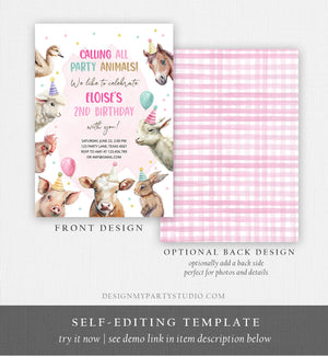 Editable Farm Animals Birthday Invitation Girl Farm Barnyard First Birthday Party Animals Confetti Download Corjl Template Printable 0448