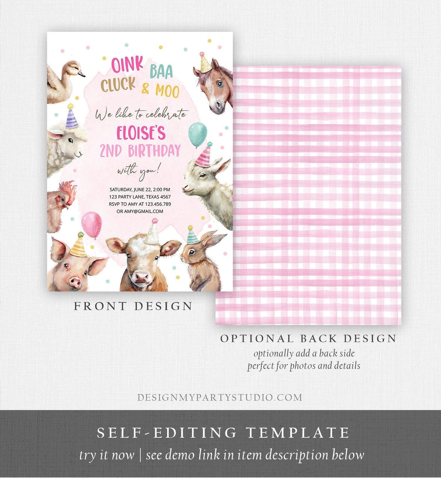 Editable Farm Birthday Invitation Girl Farm Animals Pink Barnyard Party Confetti Download Printable Invitation Template Digital Corjl 0448