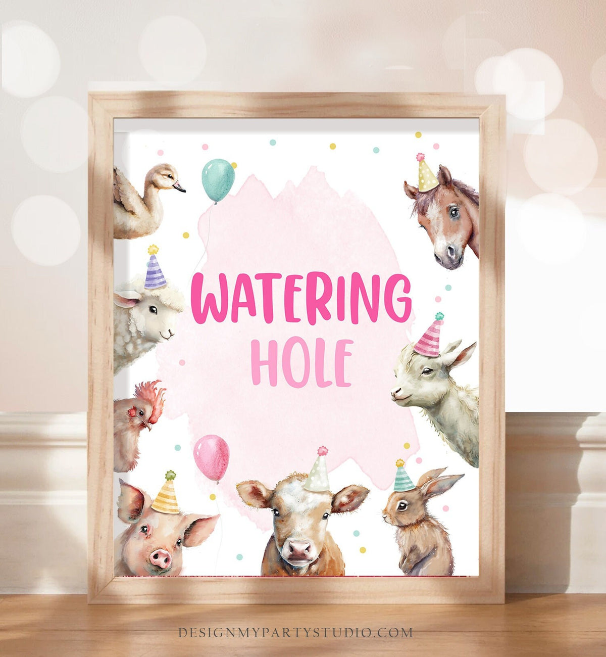 Watering Hole Birthday Sign Drink Table Decor Pink Farm Birthday Girl Farm Animals Table Sign Barnyard Decorations Drinks PRINTABLE 0448