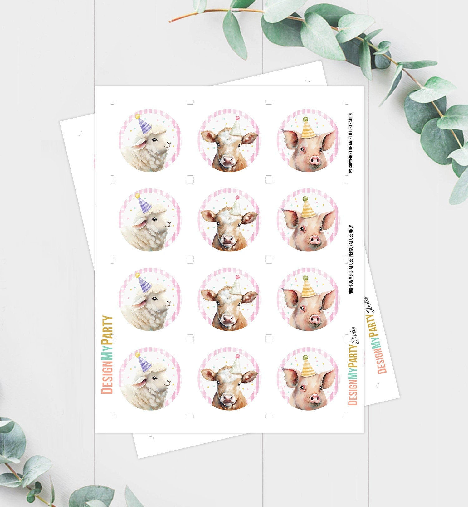 Barnyard Birthday Cupcake Toppers Favor Tags Farm Birthday Party Decoration Girl Farm Animals Pink Stickers Digital Download Printable 0448