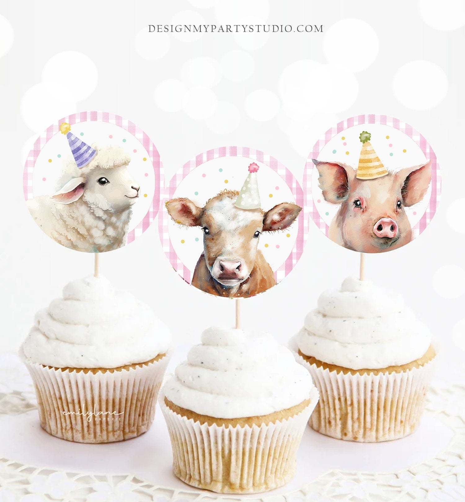 Barnyard Birthday Cupcake Toppers Favor Tags Farm Birthday Party Decoration Girl Farm Animals Pink Stickers Digital Download Printable 0448