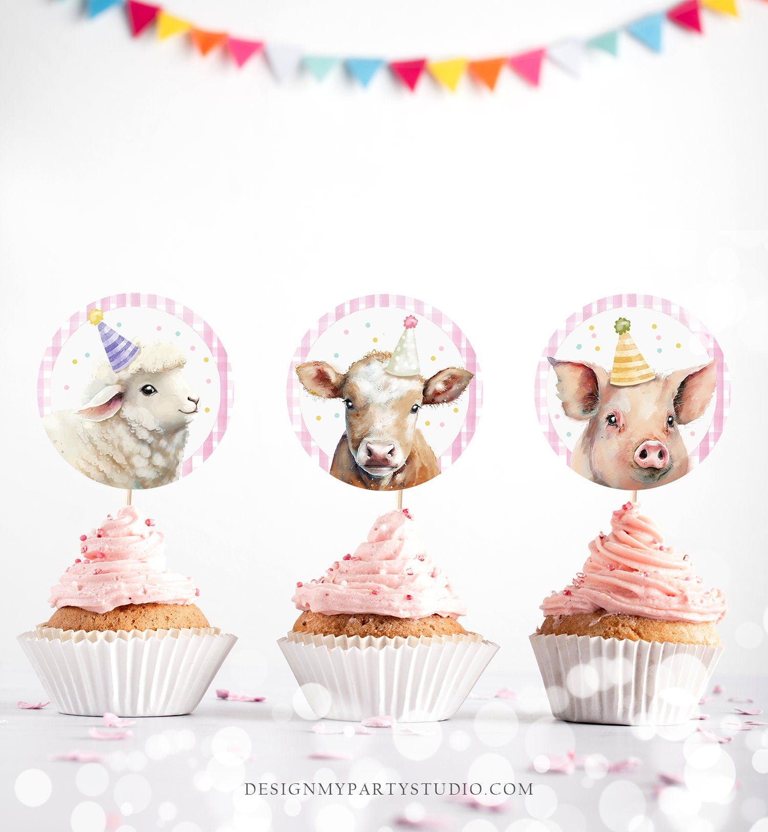 Barnyard Birthday Cupcake Toppers Favor Tags Farm Birthday Party Decoration Girl Farm Animals Pink Stickers Digital Download Printable 0448