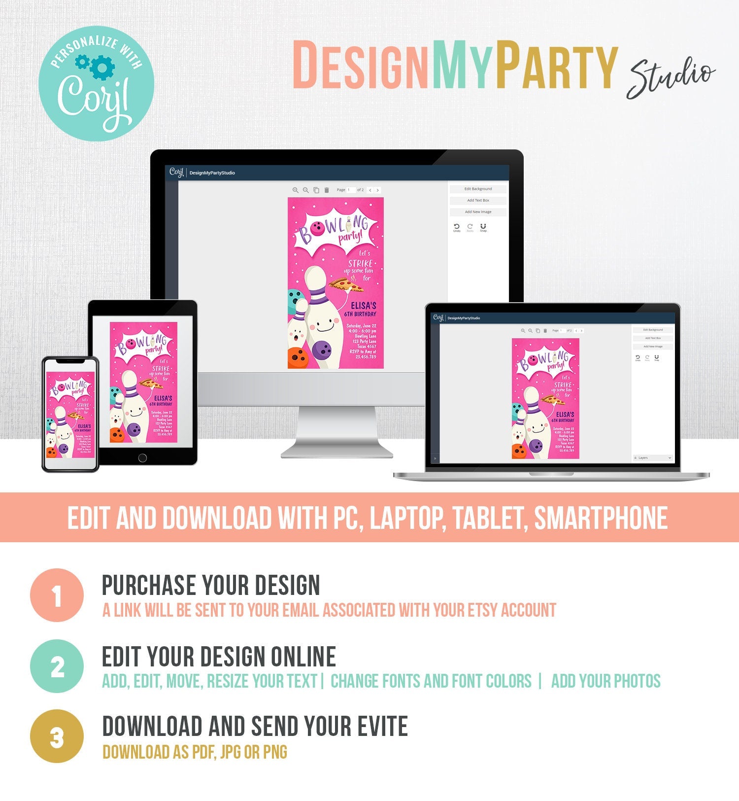 Editable Bowling Birthday Evite Strike Up Some Fun Girl Bowling Party Pizza Pink Download Phone Invitation Digital Template Printable 0324