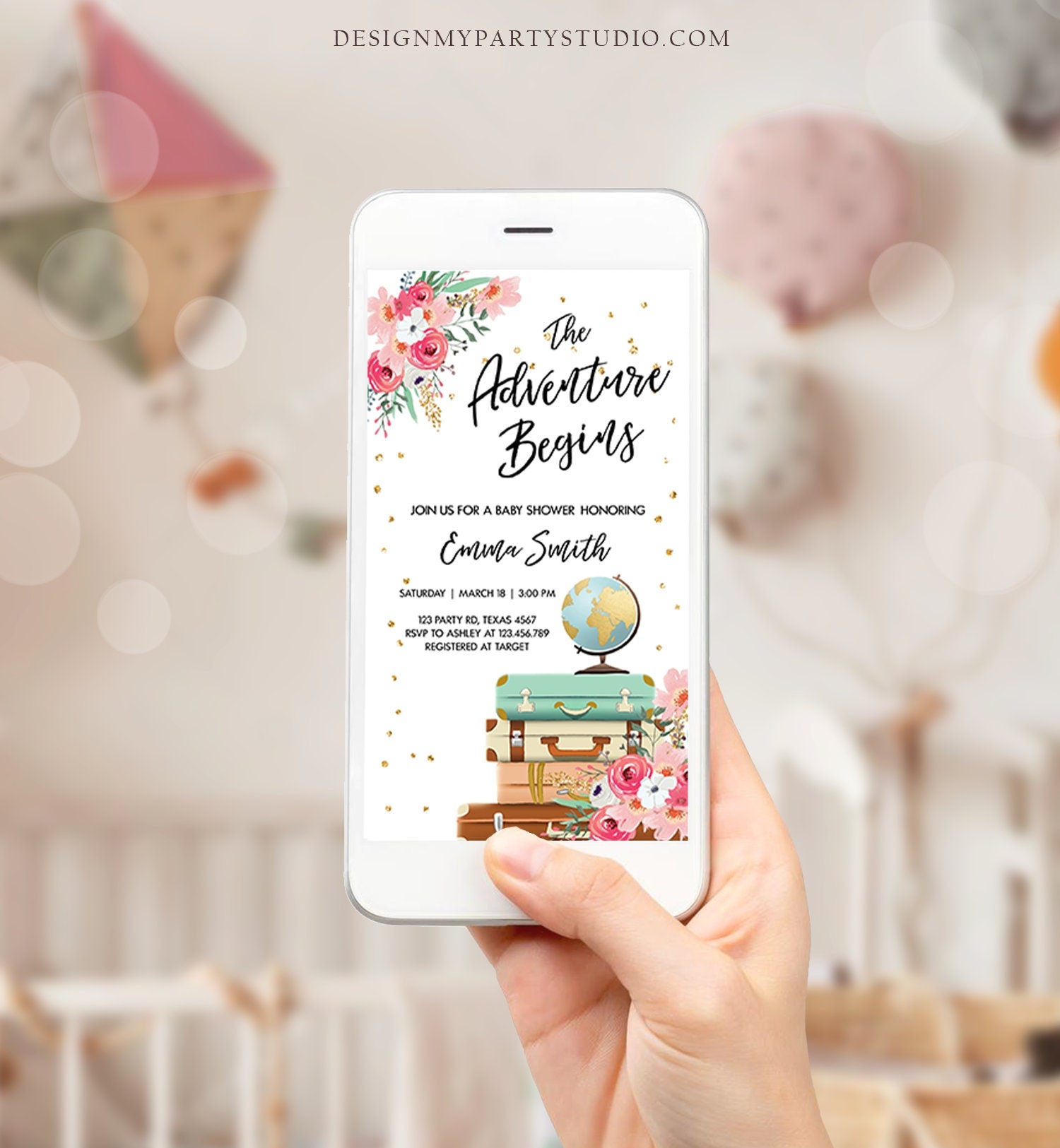 Editable The Adventure Begins Baby Shower Evite Pink Floral Gold Confetti Suitcases Travel Around World Phone Invitation Corjl Template 0030