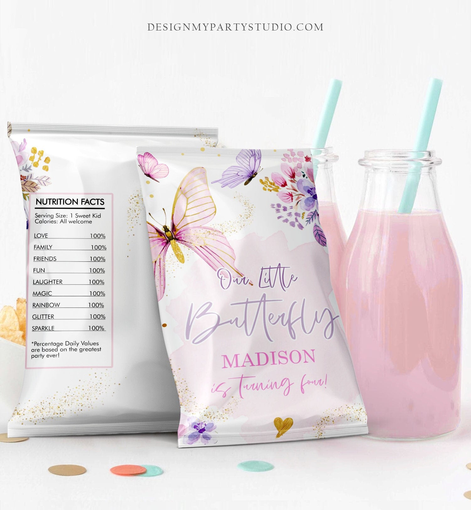 Editable Butterfly Chip Bag Birthday Party Baby Shower Decor Girl Watercolor Purple Lavender Floral Snack Favors Digital Corjl Template 0437