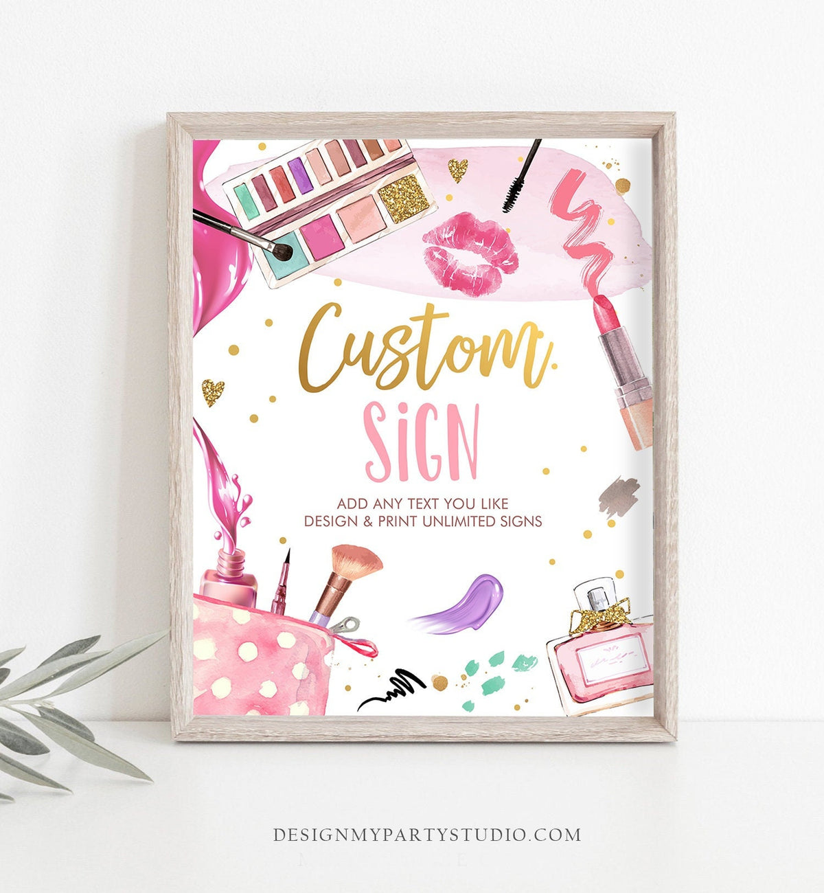 Editable Custom Sign Spa Party Sign Makeup Party Pink Gold Girl Teen Birthday Glitters and Glamour Table 8x10 Corjl Template Printable 0420