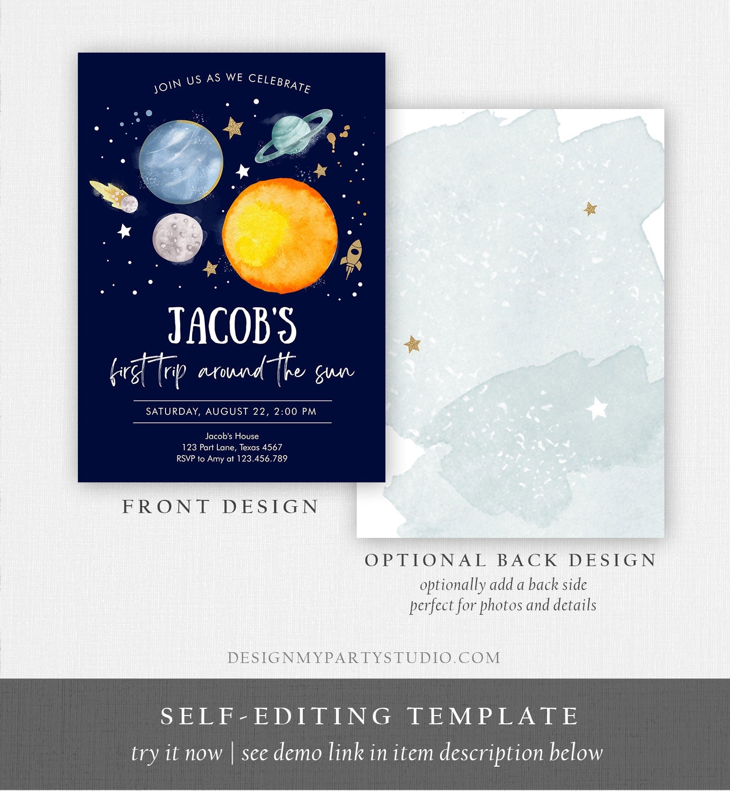 Editable Outer Space First Birthday Invitation Galaxy Blast Off First Trip Around the Sun Download Printable Template Digital Corjl 0357