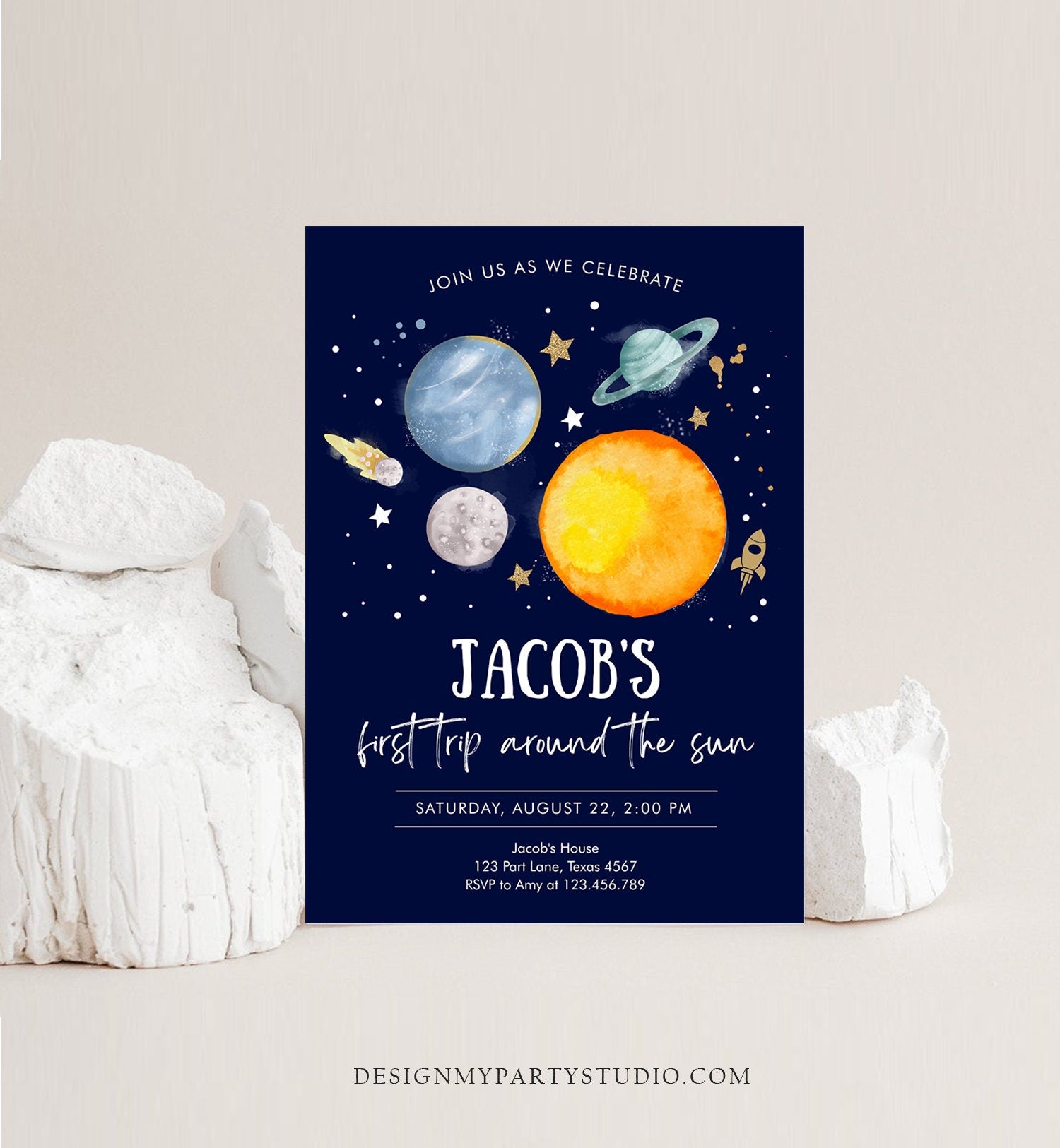 Editable Outer Space First Birthday Invitation Galaxy Blast Off First Trip Around the Sun Download Printable Template Digital Corjl 0357