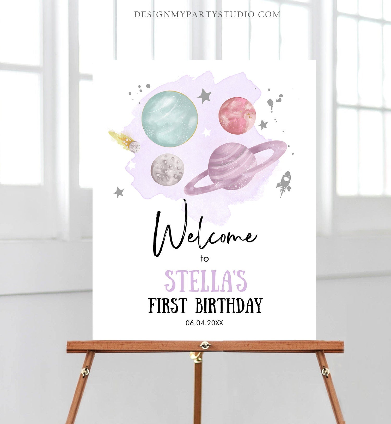 Editable Outer Space Birthday Welcome Sign 1st Birthday Girl Purple Silver Galaxy Planets Around the Sun Template PRINTABLE Corjl 0357