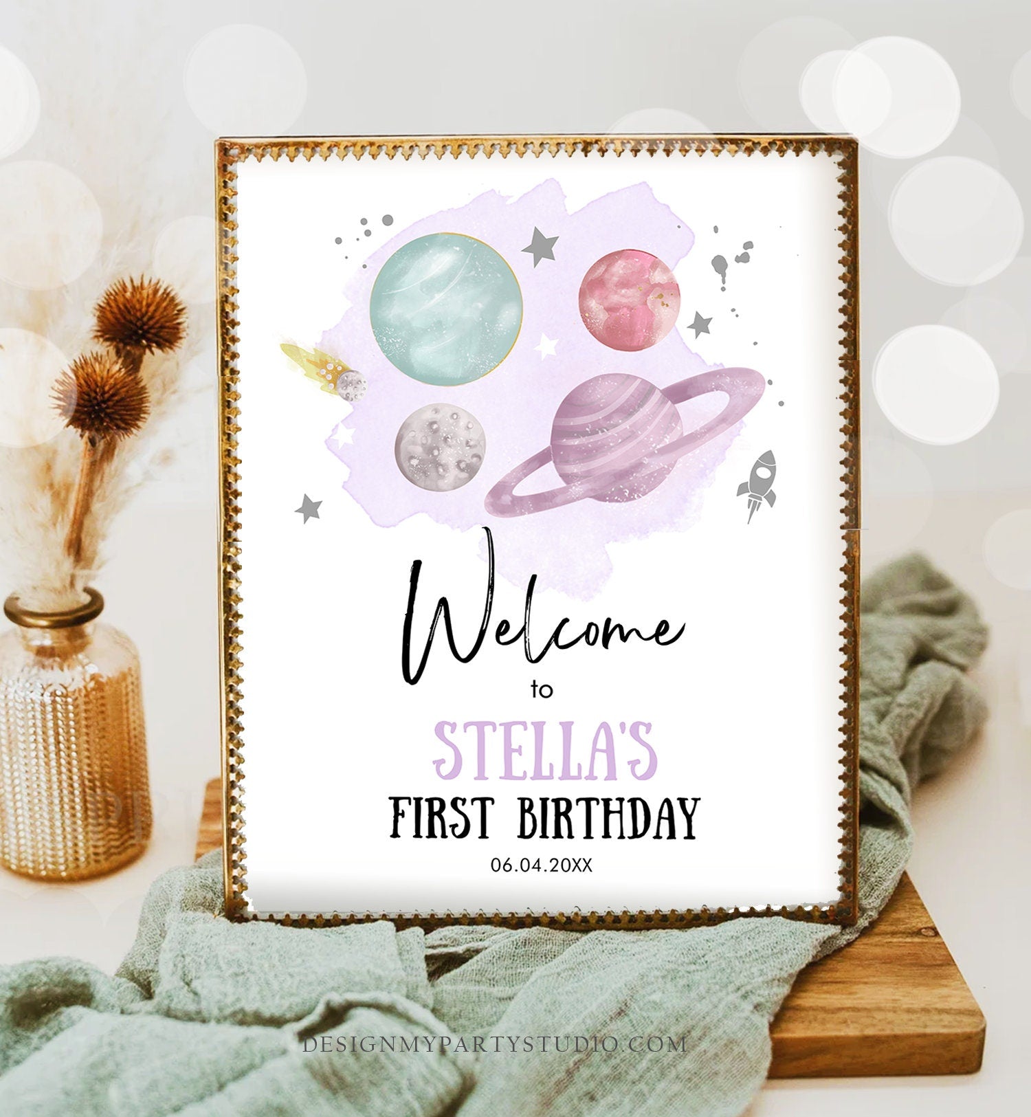 Editable Outer Space Birthday Welcome Sign 1st Birthday Girl Purple Silver Galaxy Planets Around the Sun Template PRINTABLE Corjl 0357