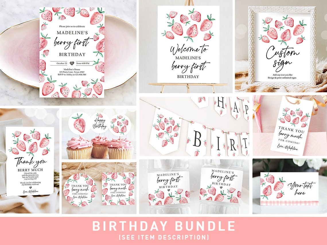 Strawberry Birthday Birthday Invitation Bundle First Birthday Berry Sweet Party Pack Birthday Girl Package 1st Printable Corjl Template 0399