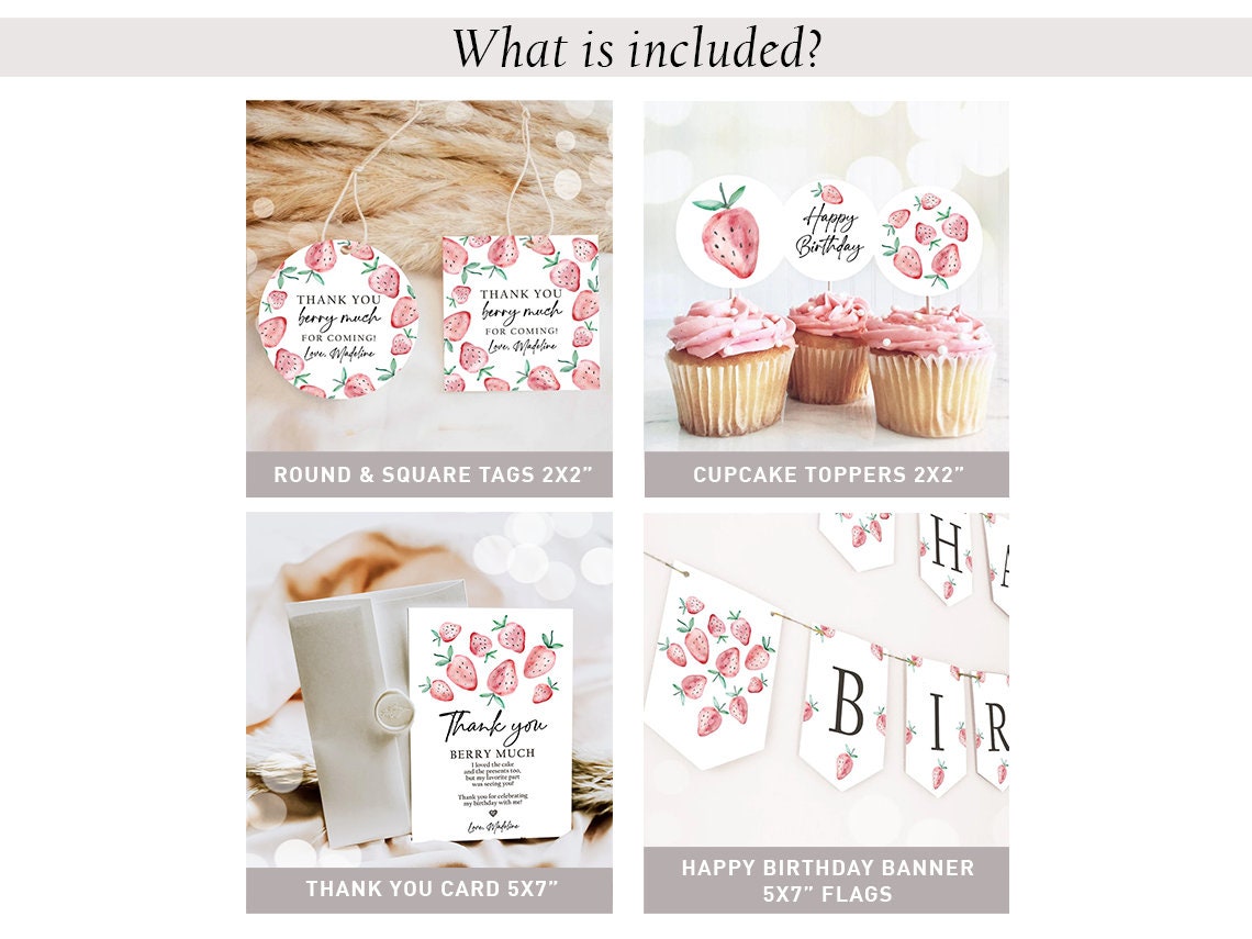 Strawberry Birthday Birthday Invitation Bundle First Birthday Berry Sweet Party Pack Birthday Girl Package 1st Printable Corjl Template 0399