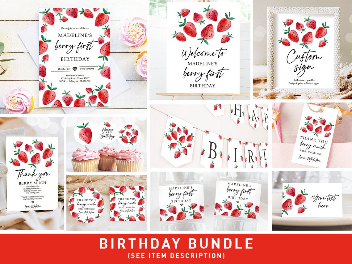 Strawberry Birthday Birthday Invitation Bundle First Birthday Berry Sweet Party Pack Birthday Girl Package 1st Printable Corjl Template 0399