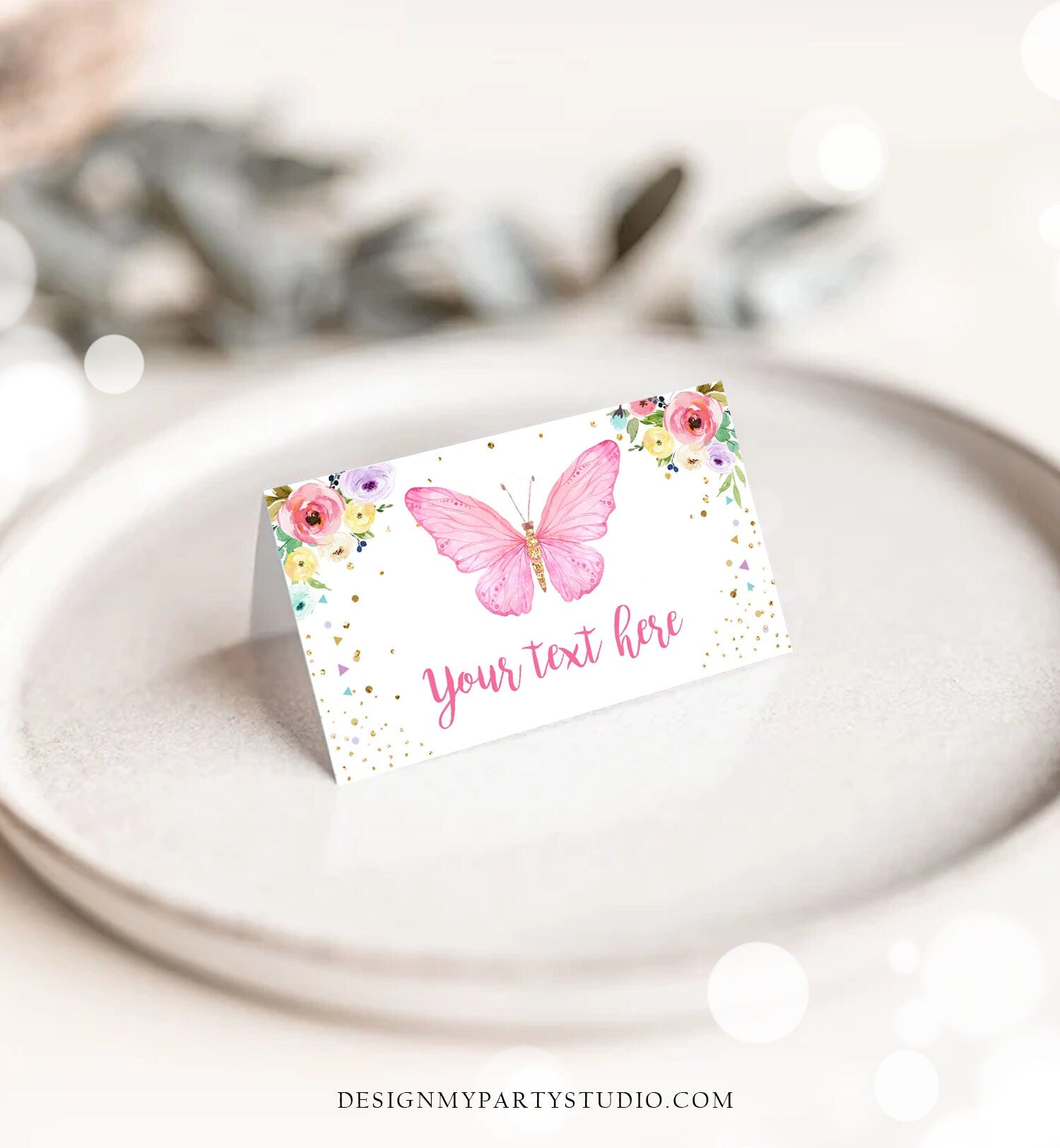 Editable Butterfly Food Labels Floral Butterfly Birthday Food Cards Tent Card Girl Pink Gold Buffet Label Tent Card Template Corjl 0162