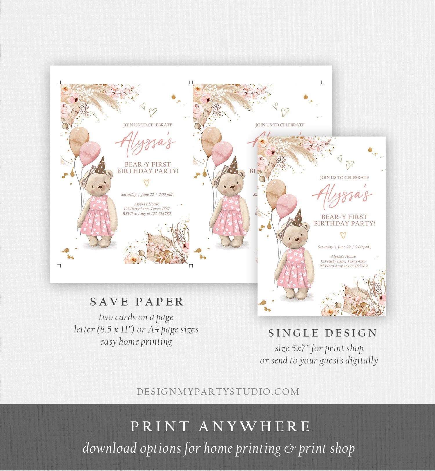 Editable Cute Teddy Bear 1st Birthday Invitation Girl Boho Teddy Bear Picnic Summer Beary First One Printable Digital Corjl Template 0421